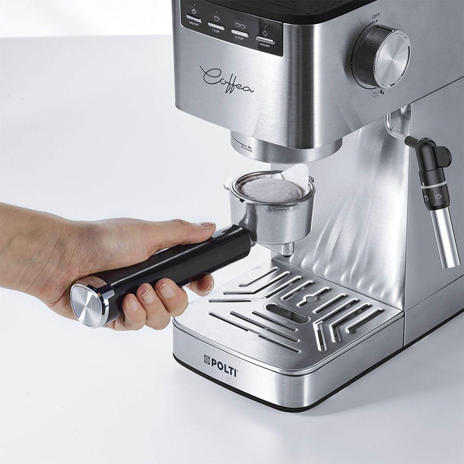 Polti Coffea P10S Siebträger-Espressomaschine (15 bar, 1,3 Liter, Milchschaumdüse, Edelstahlgehäuse, gemahlener Kaffee &; E.S.E.-Pads)