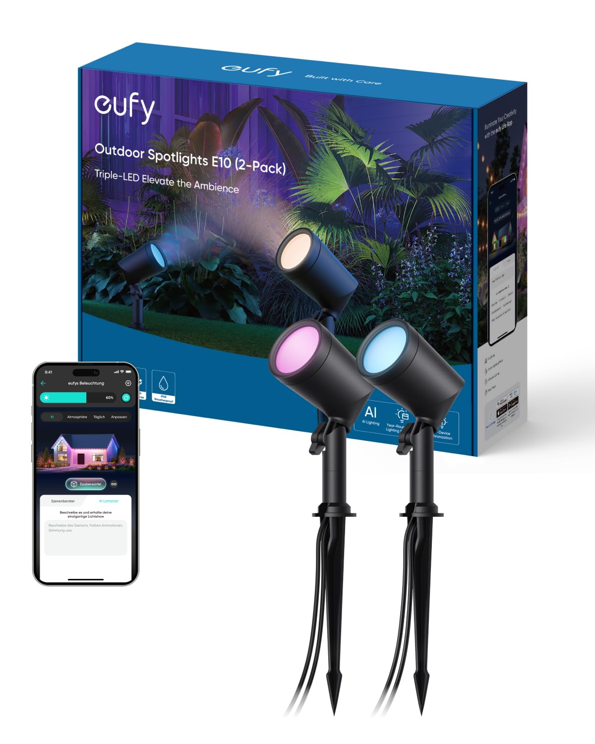 eufy Außen-Strahler E10, 2er-Set, Smarte Verkabelte RGBWW LED Strahler