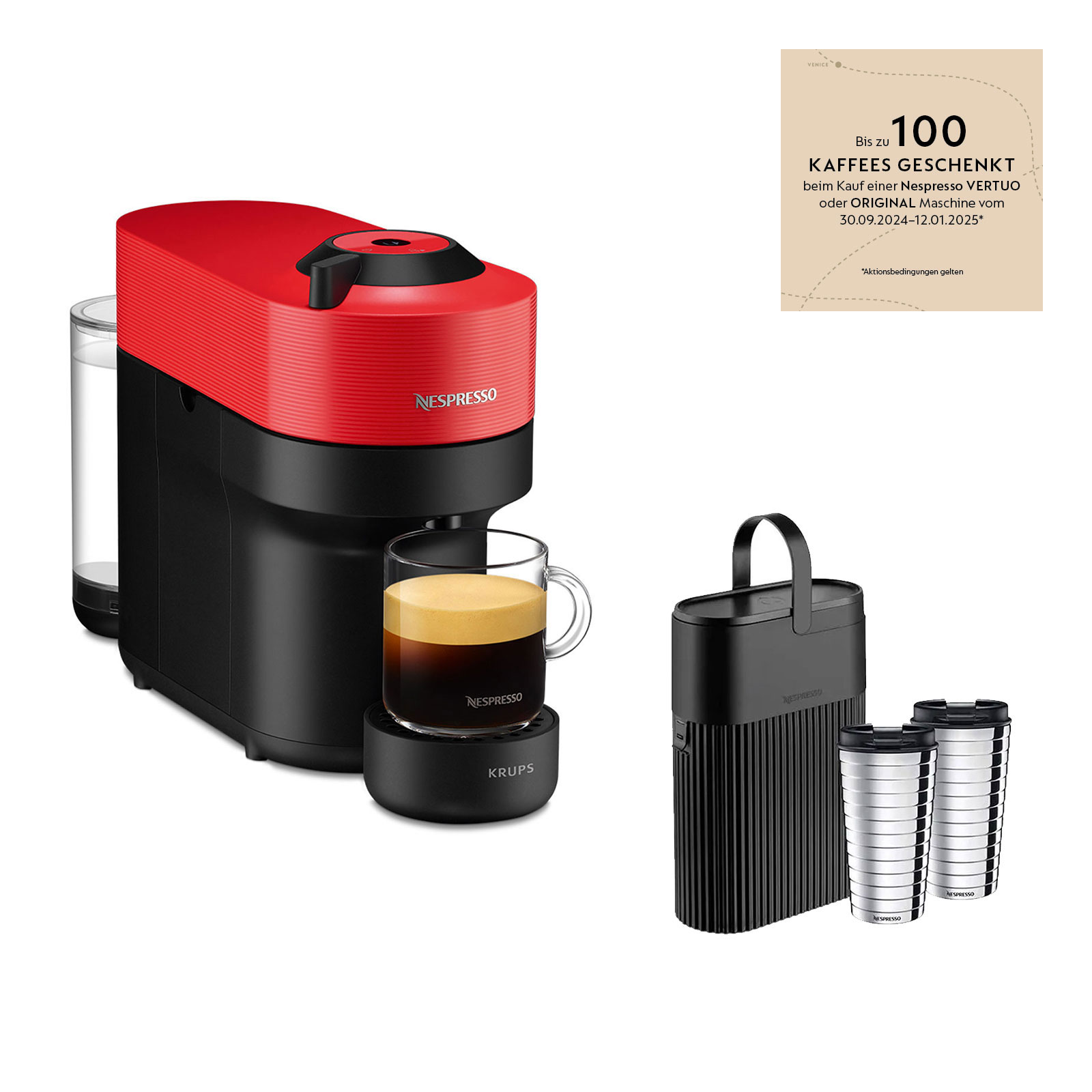 Krups XN9205.22 Vertuo Pop Red inkl. Nestlé Nespresso Geschenk-Set Recycling Behälter + Travel Mug