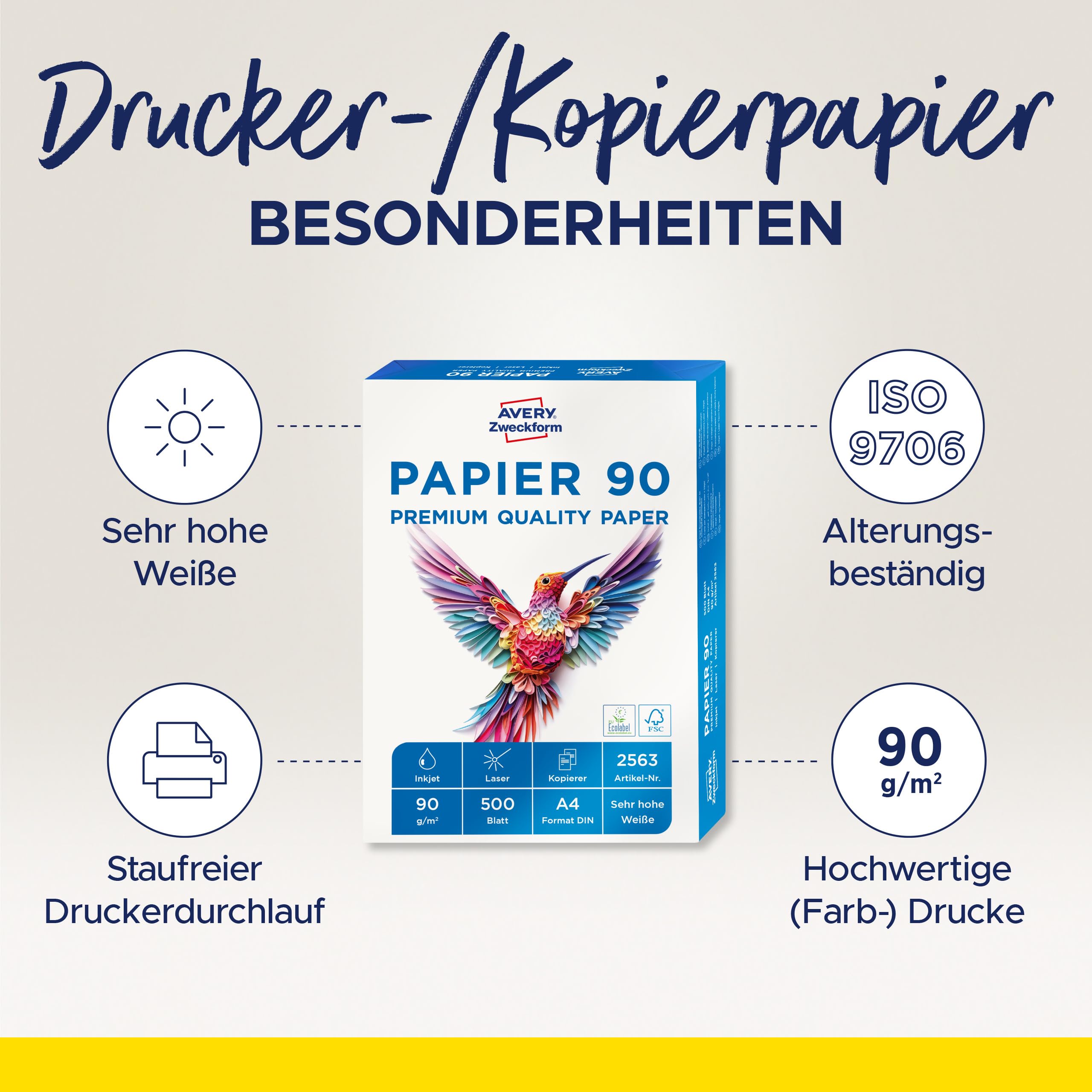 AVERY Zweckform 2563 Drucker-/Kopierpapier (500 Blatt, 90 g/m², DIN A4 Papier, hochweiß, für alle Drucker) 1 Pack
