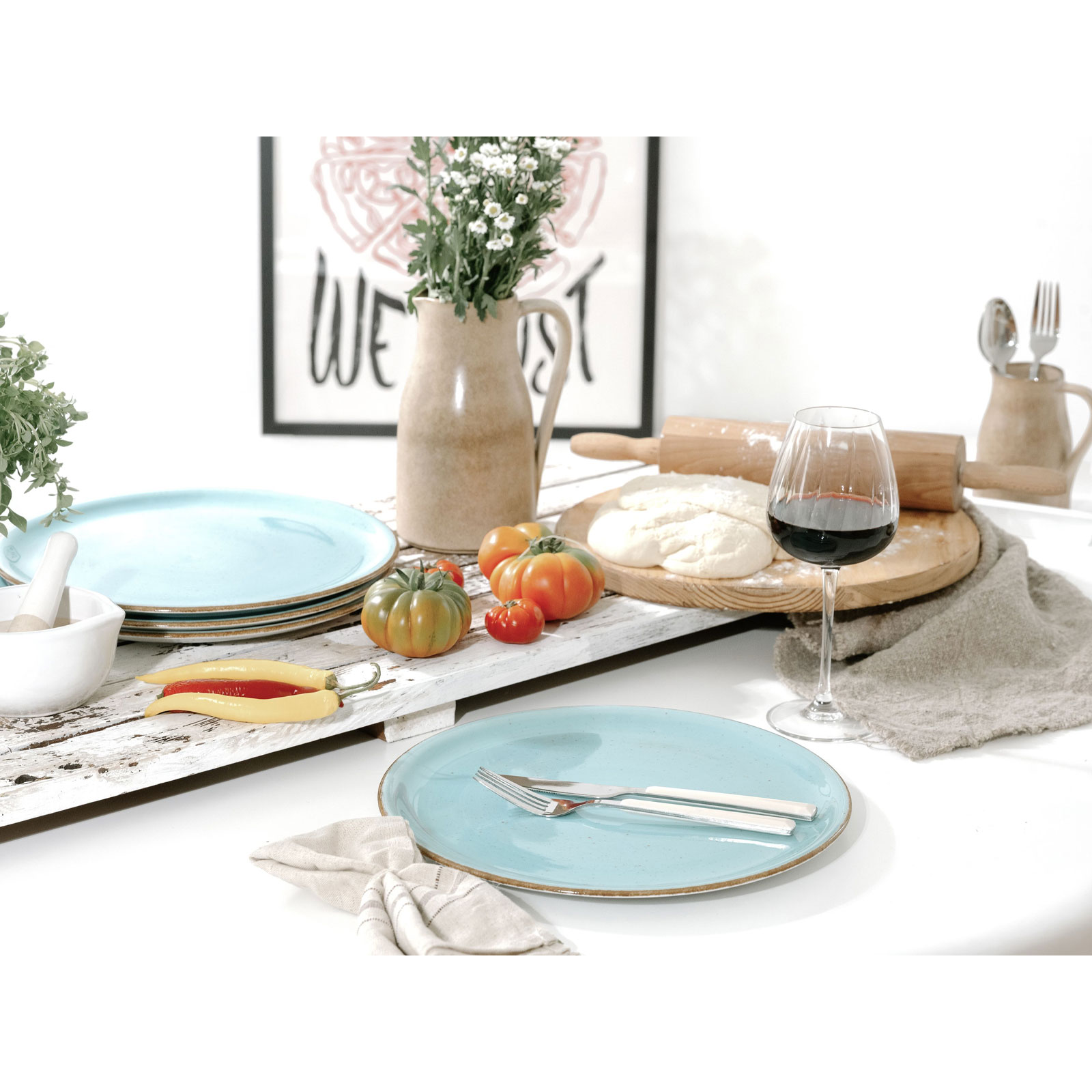 CreaTable, 34045, Serie Vintage Nature Aqua, 4-teiliges Geschirrset, Pizzateller aus Porzellan, spülmaschinen- und mikrowellengeeignet, Made in Europe