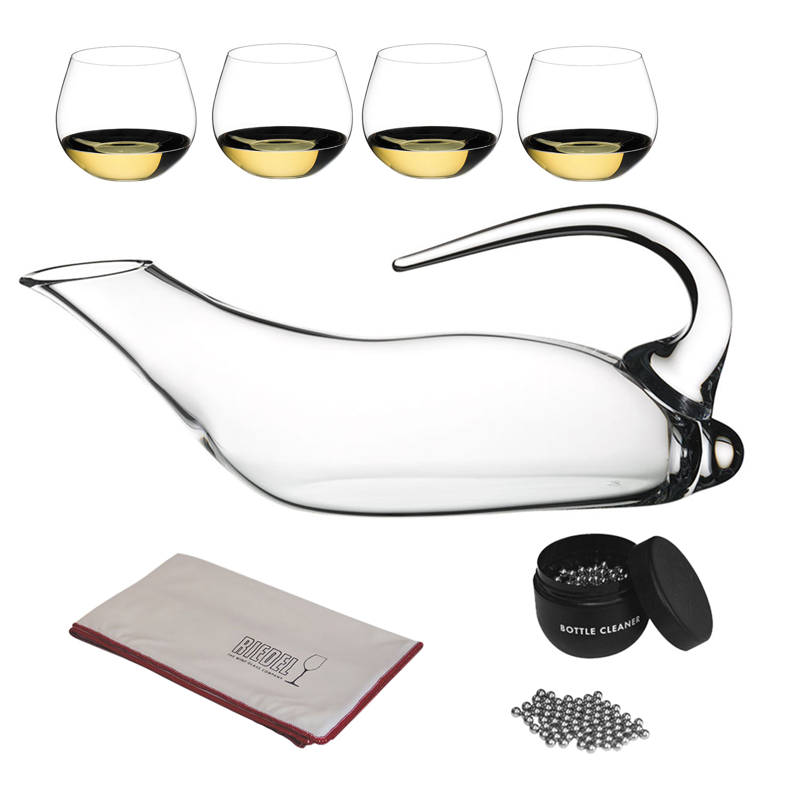 Riedel Dekanter Duck / Ente + 4 Riedel O-Riedel Chardonnay inkl. Riedel Glas Reinigungskugeln Riedel Microfaser Poliertuch