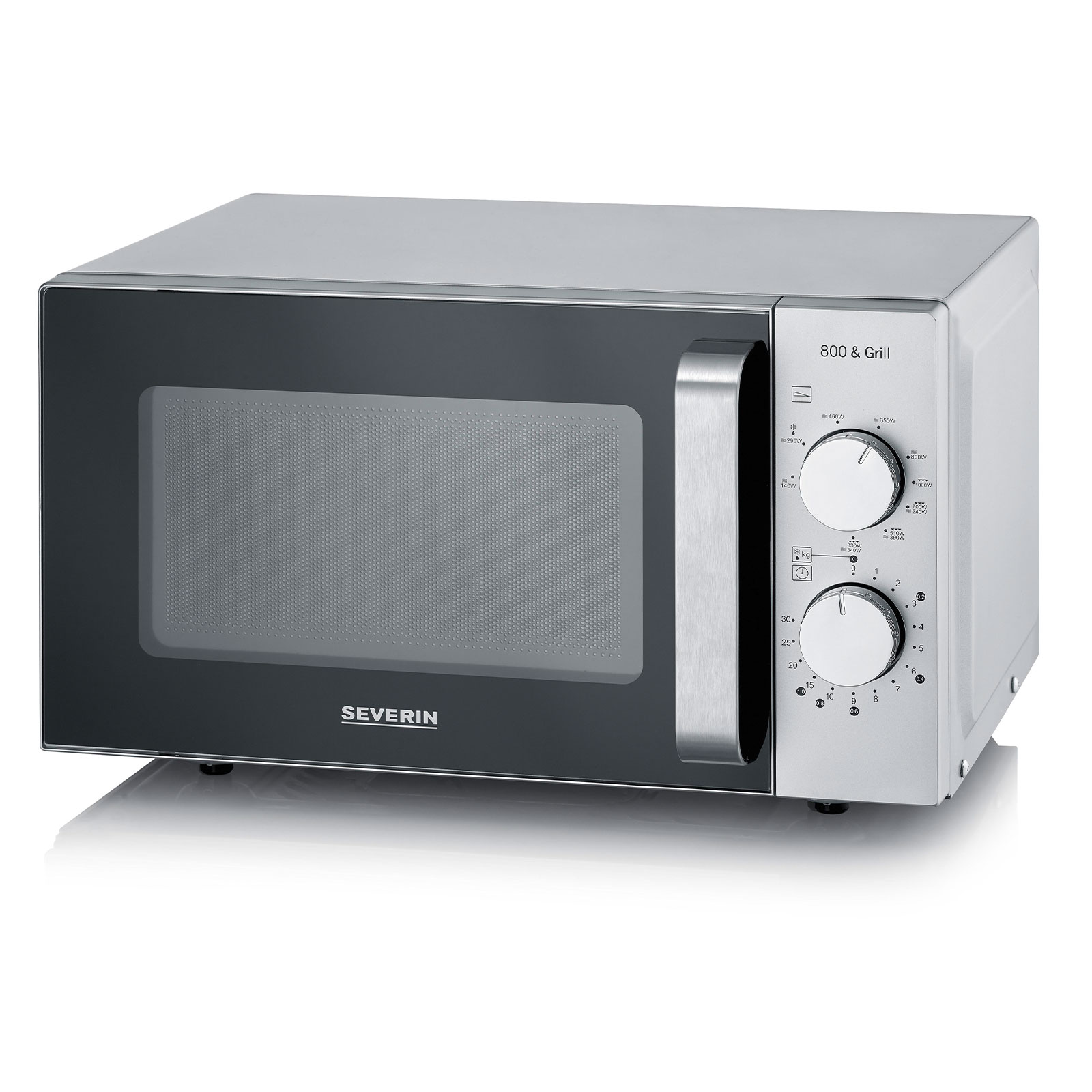 SEVERIN Mikrowelle MW 7576 Flachbett Silber (20 Liter, 800 Watt Mikrowellenleistung, Grill, 9 Leistungsstufen, 9 Programme, Drehknöpfe, Einschubrost, matt schwarz, silber)