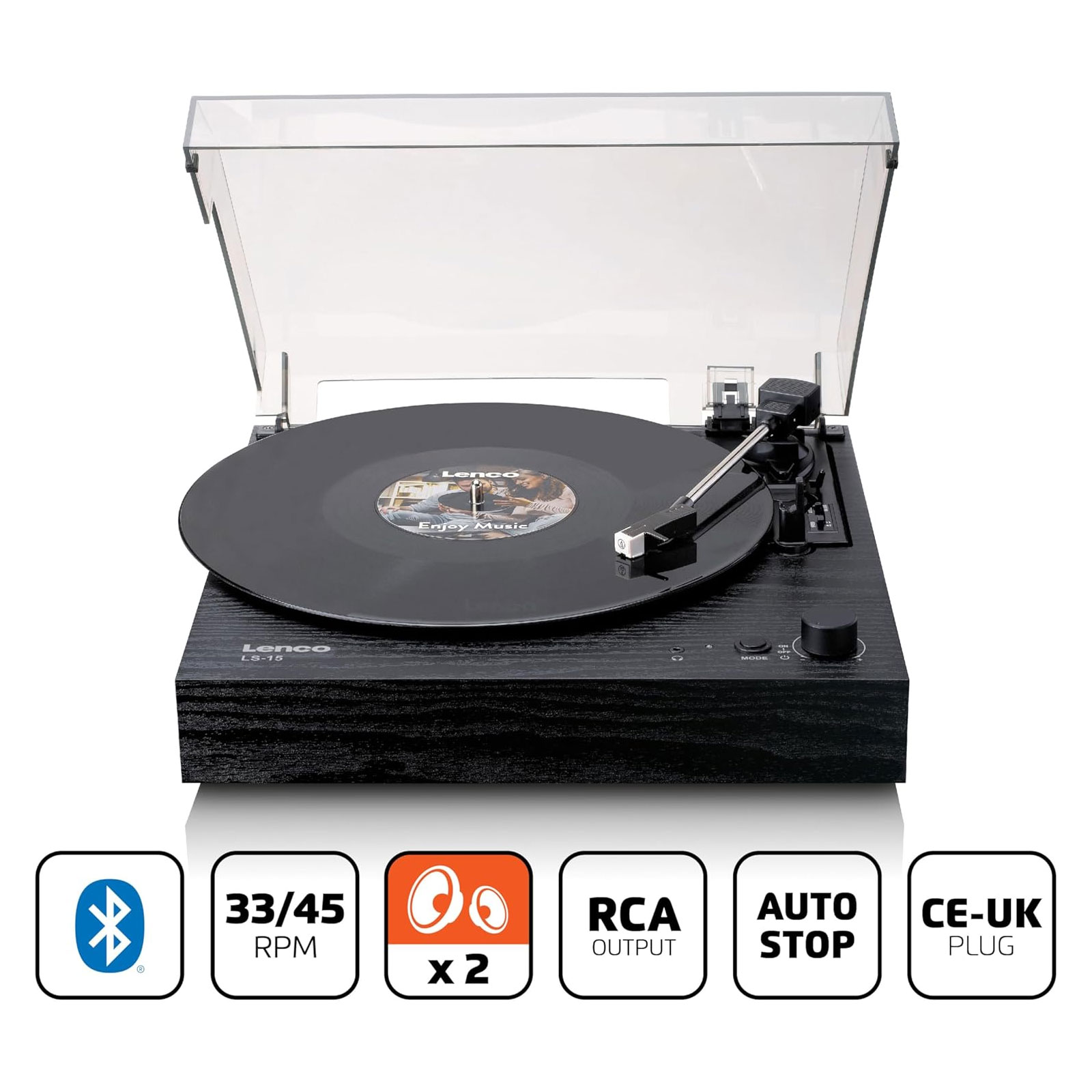 LENCO Plattenspieler LS-15BK schwarz (Bluetooth®, 2 Lautsprecher, AT3600L Tonabnehmer)