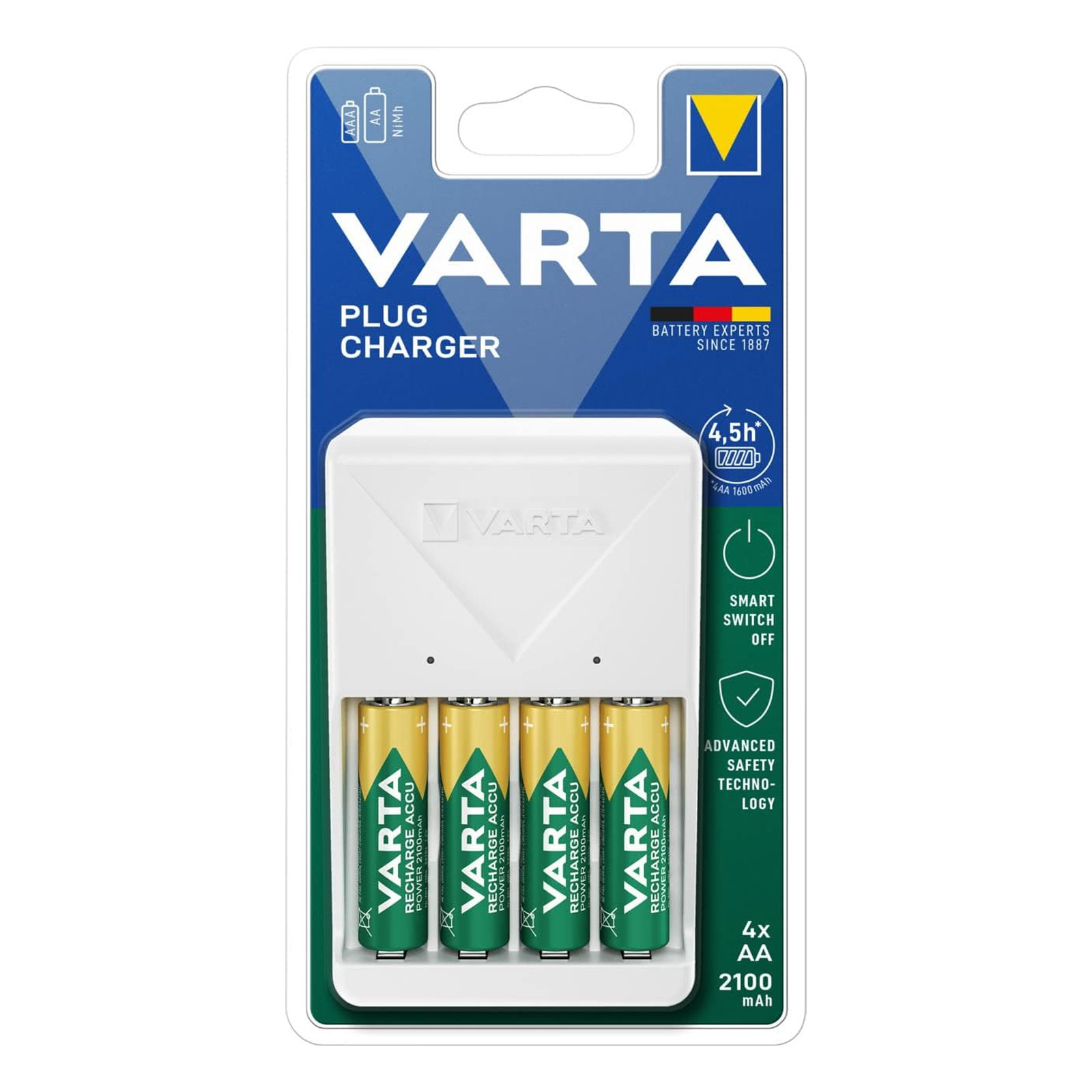 VARTA Ladegerät Plug Charger 4x AA 56706 2100mAh (4,5 h Ladezeit, lädt 2 oder 4 AA oder AAA Akkus, Ladeanzeige, 4x Recharge Accu Power AA 2100 mAh)