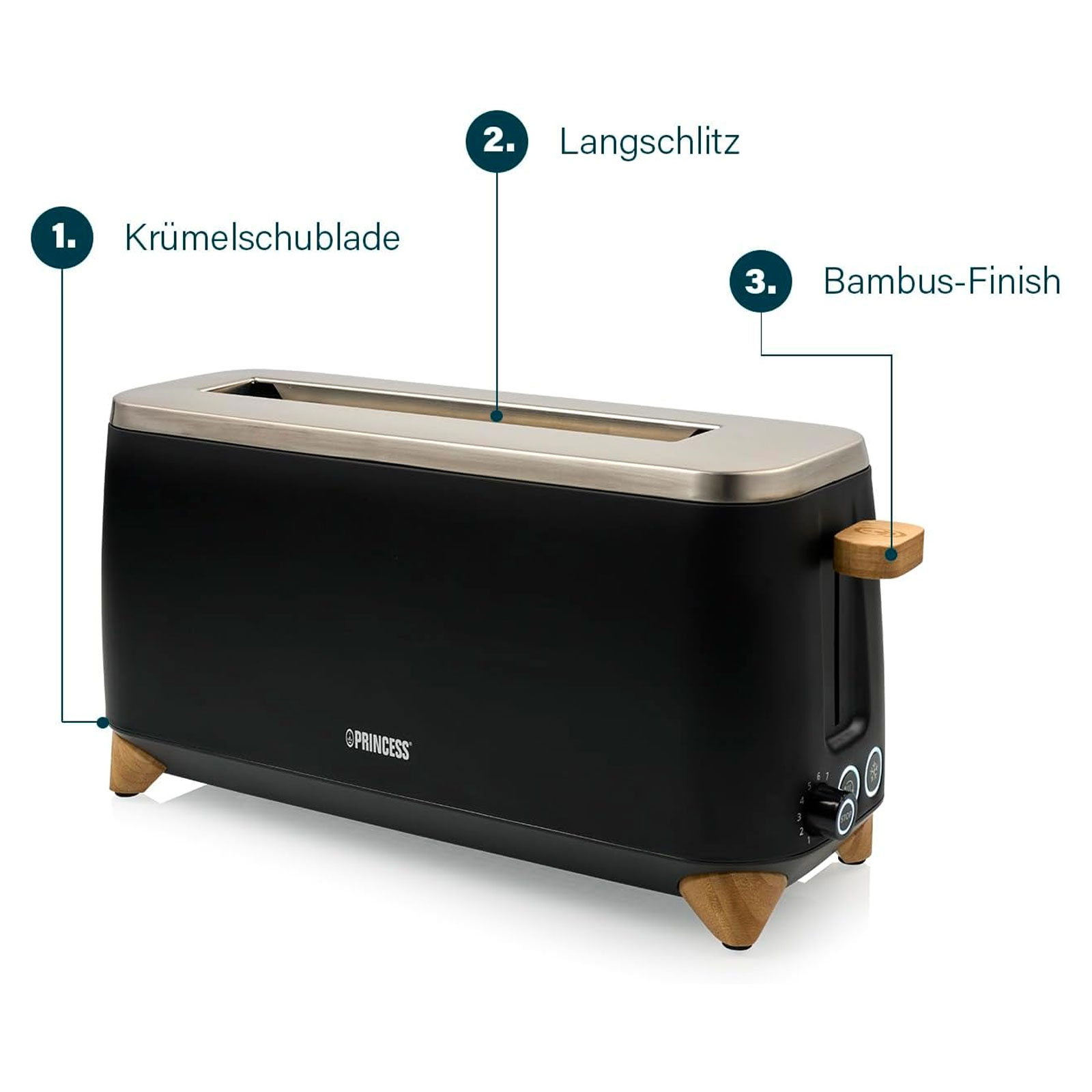 PRINCESS 142361 Pure Toaster (Langschlitztoaster, 1 Scheibe, 1000 W, Metall, schwarz, Bambus, Auftaufunktion)