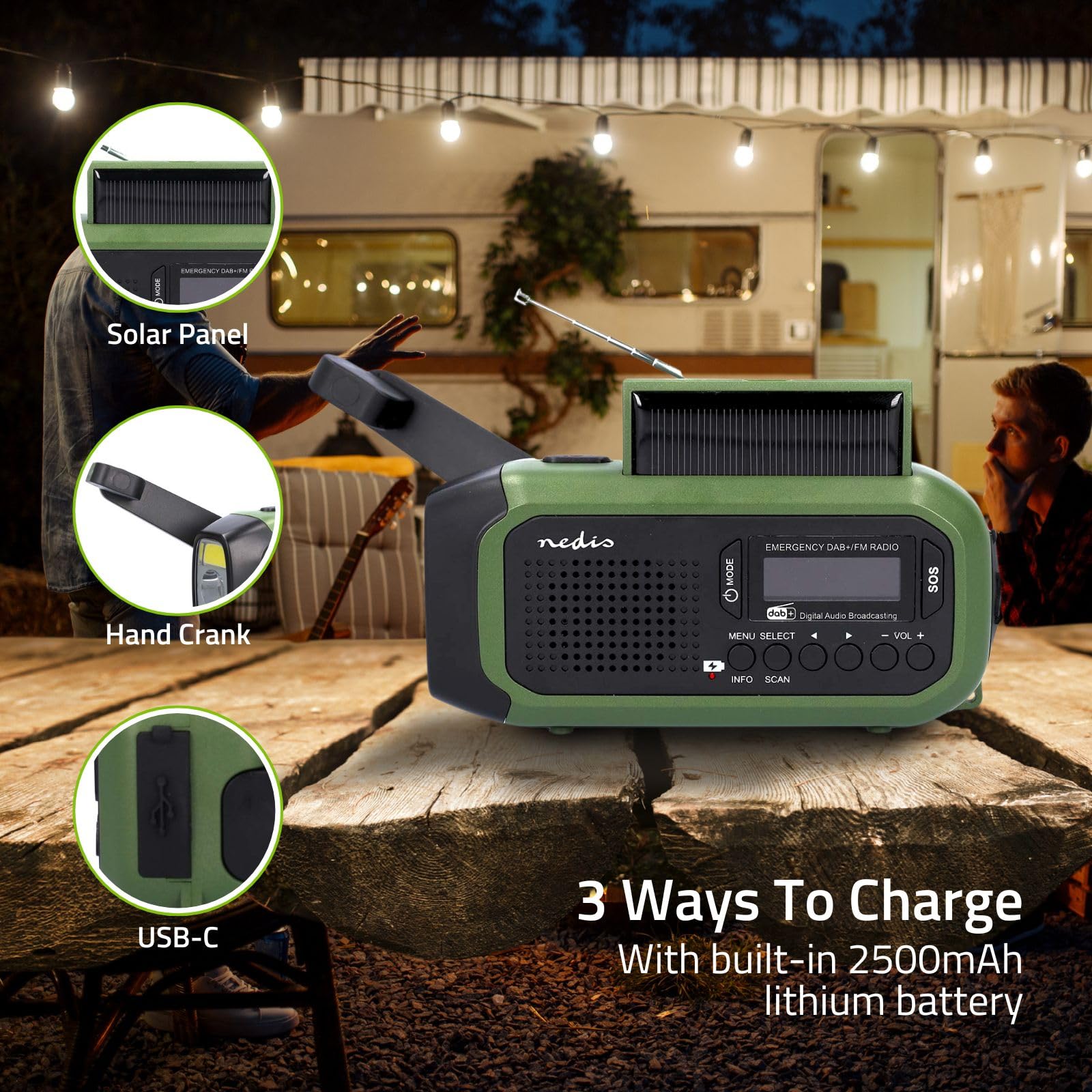 NEDIS RDDBCR2000 grün Notfallradio DAB+ FM Wecker, tragbar Batterie Solar