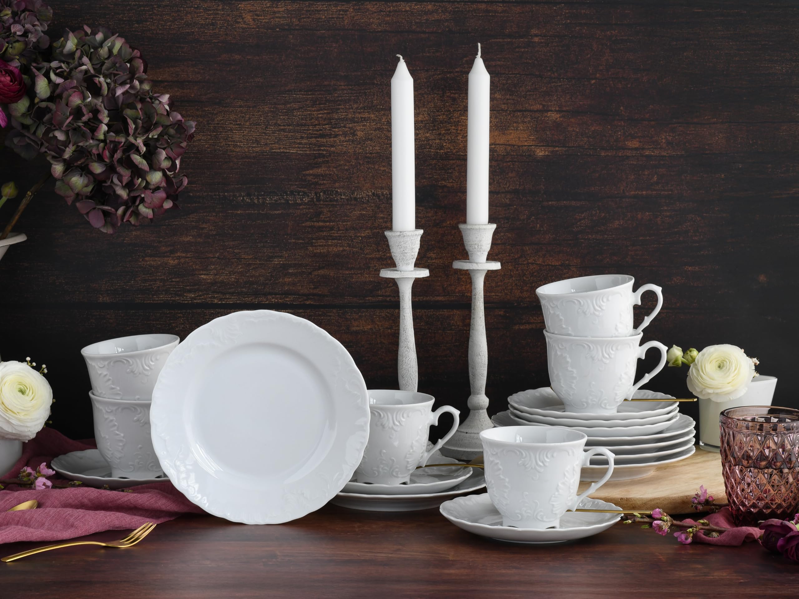CreaTable, 12618, Serie Rokoko Weiss, 18-teiliges Geschirrset für 6 Personen