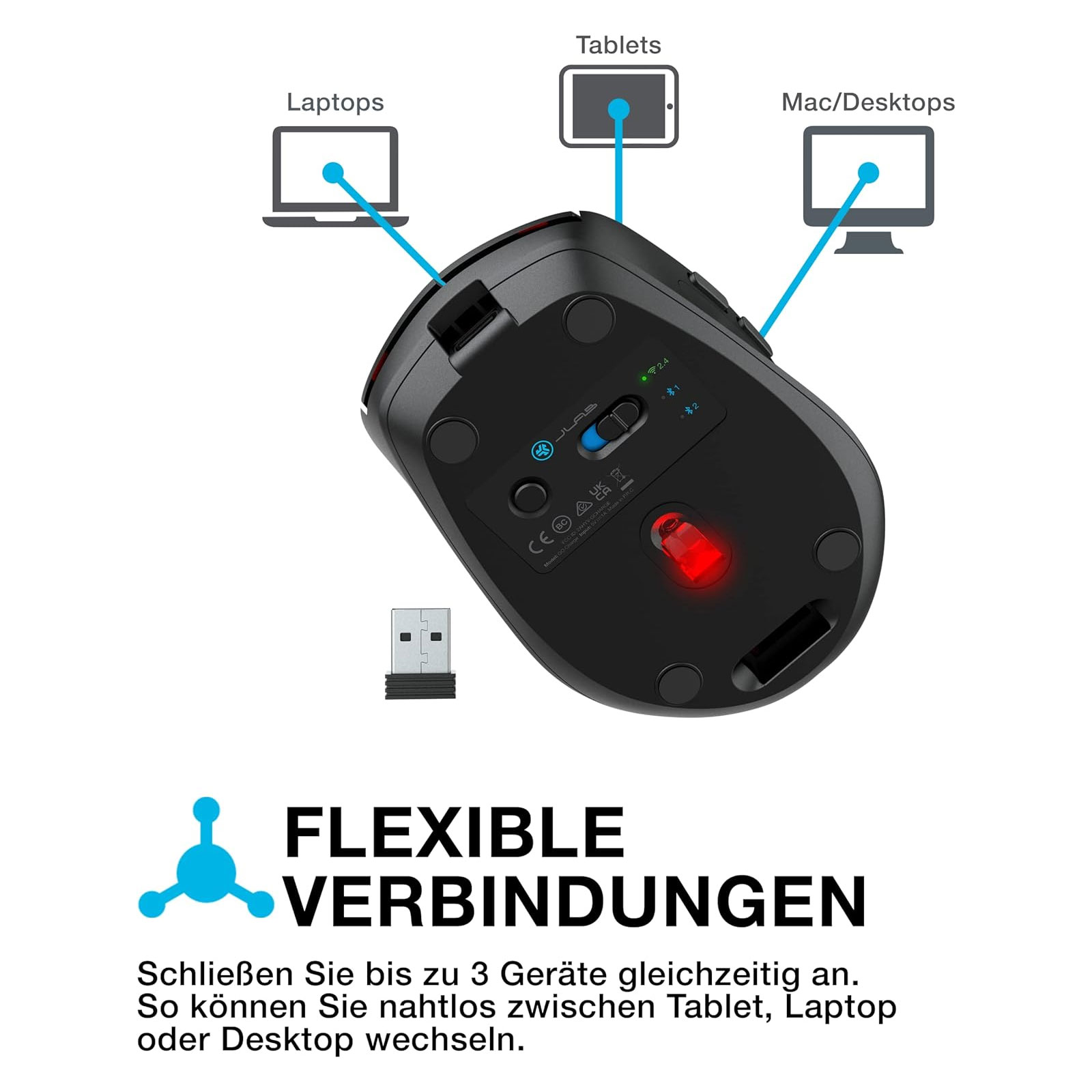 JLab Go Charge Wireless Maus Schwarz Bluetooth und 2,4 GHZ Dongle