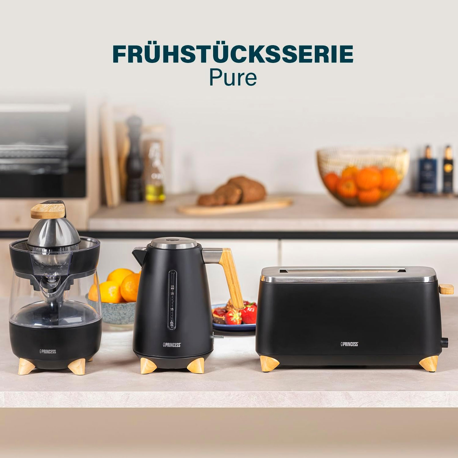 PRINCESS 142361 Pure Toaster (Langschlitztoaster, 1 Scheibe, 1000 W, Metall, schwarz, Bambus, Auftaufunktion)