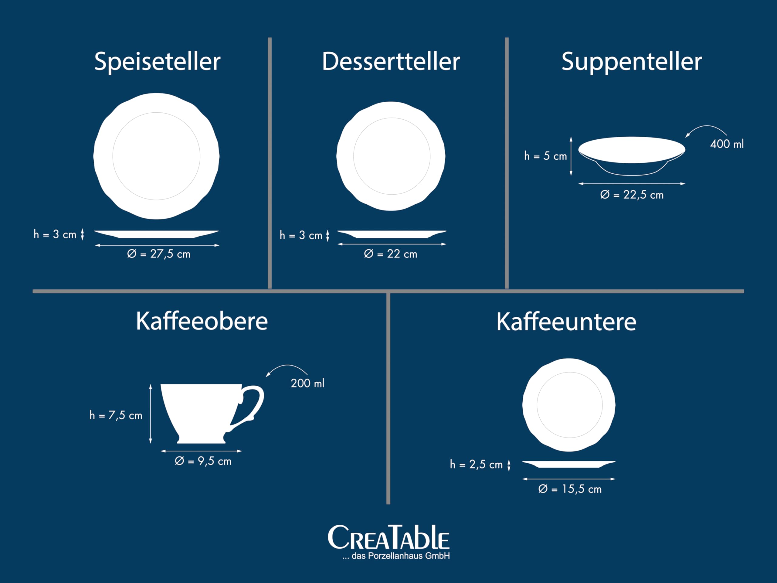 CreaTable, 24772, Serie Adelaide Blau, 20-teiliges Geschirrset für 4 Personen