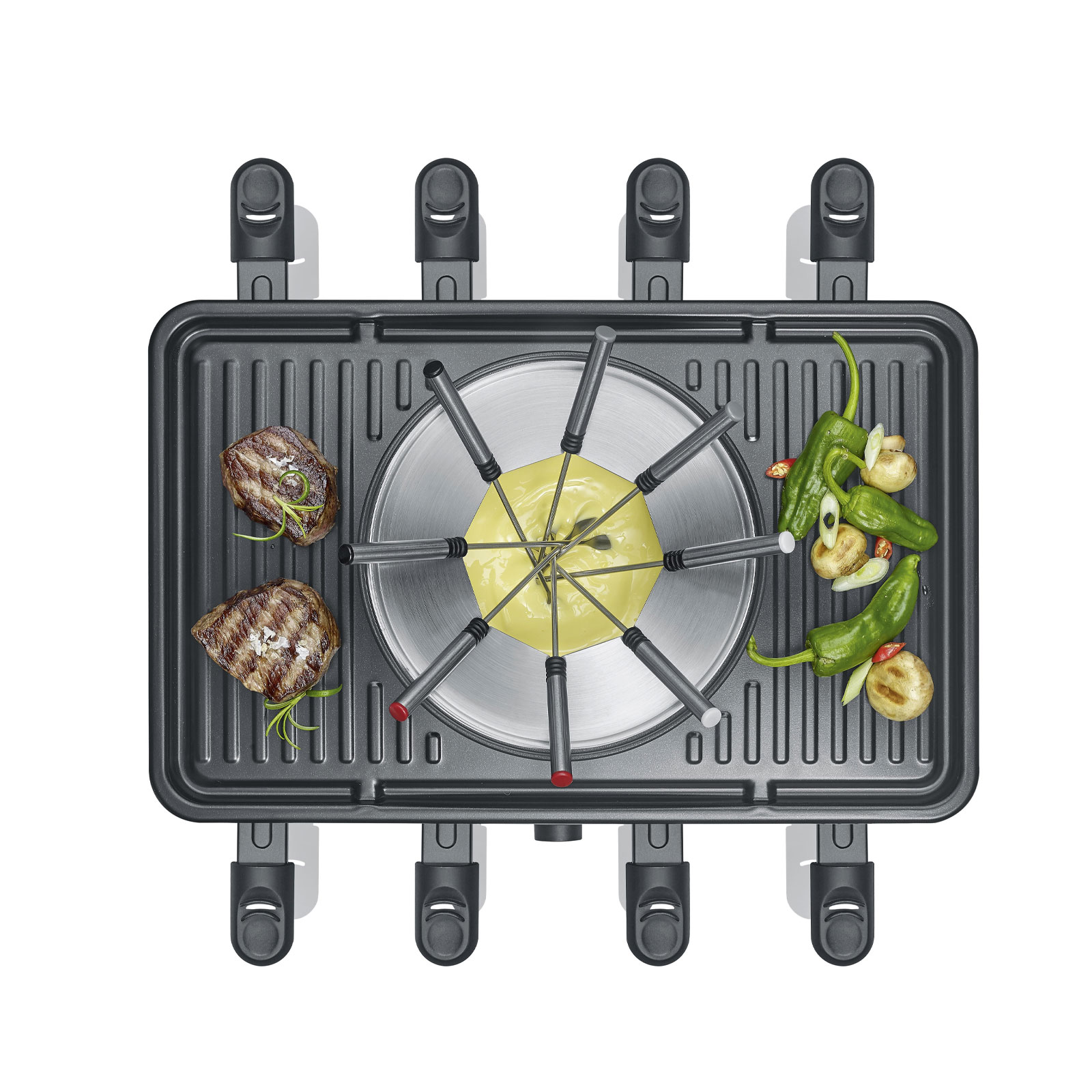 SEVERIN RG 2347 Raclettegrill (1400 Watt, 8 Pfännchen, Keramikbeschichtung, spülmaschinengeeignet, regelbares Thermostat, schwarz)