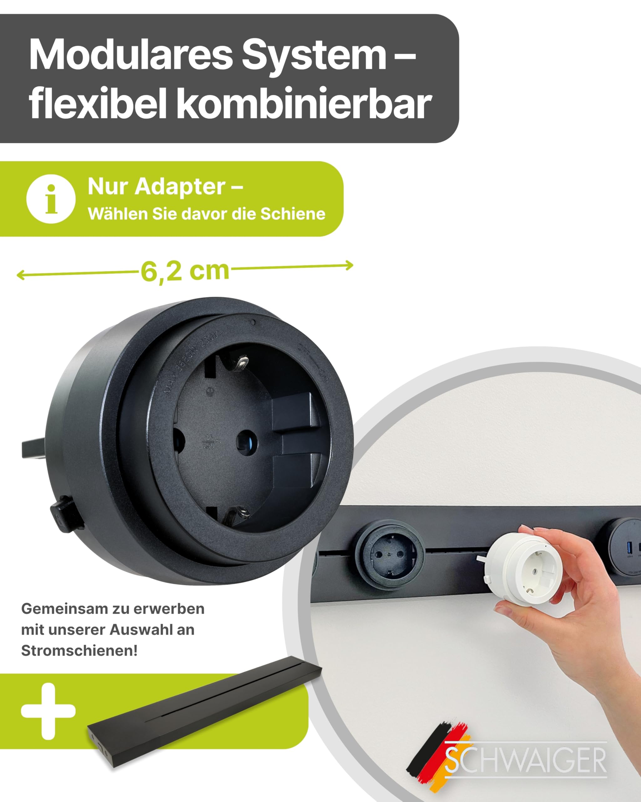 SCHWAIGER Steckdosenadapter für modulare Stromschiene Haushaltsstecker