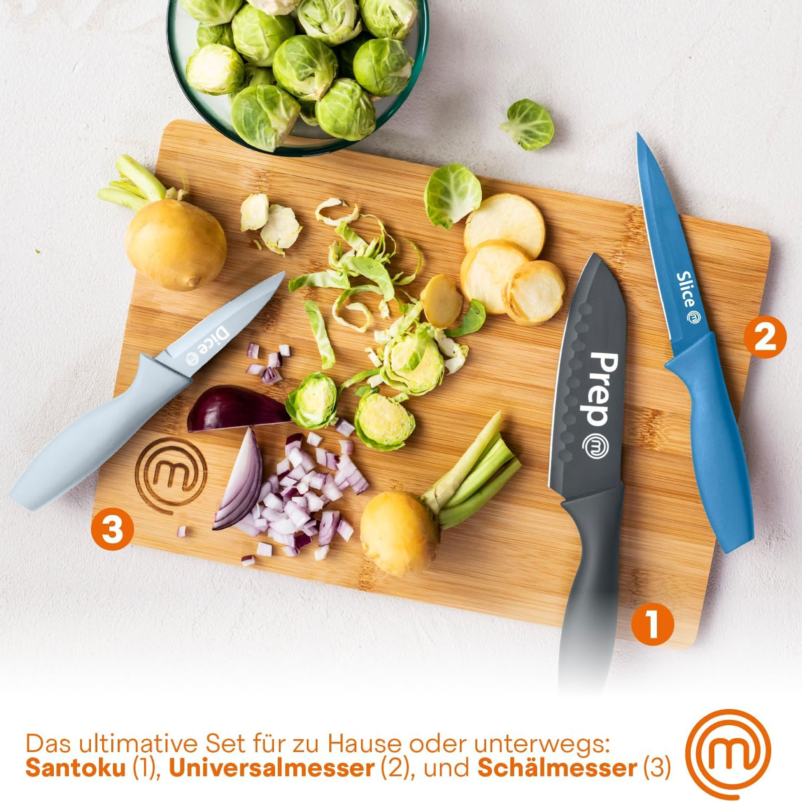 MasterChef FSC Schneidebrett + 3-teiliges Küchenmesser Set