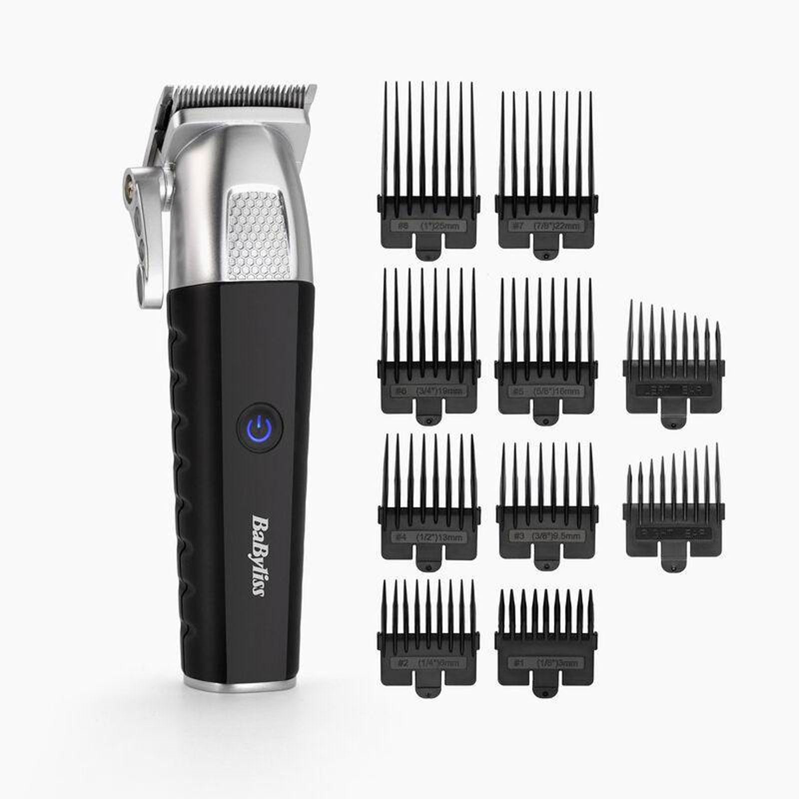 BaByliss E812E Lithium Power Haarschneider (Lithium-Ionen-Akku, kabellose Nutzung, bis zu 3 Stunden Laufzeit, präzise Edelstahlklingen mit 0,5 mm Schnittlänge, Feinstellhebel, 8 Kammaufsätze - Stufen 1-8 (0,8-25 mm), Kammführung für die lin