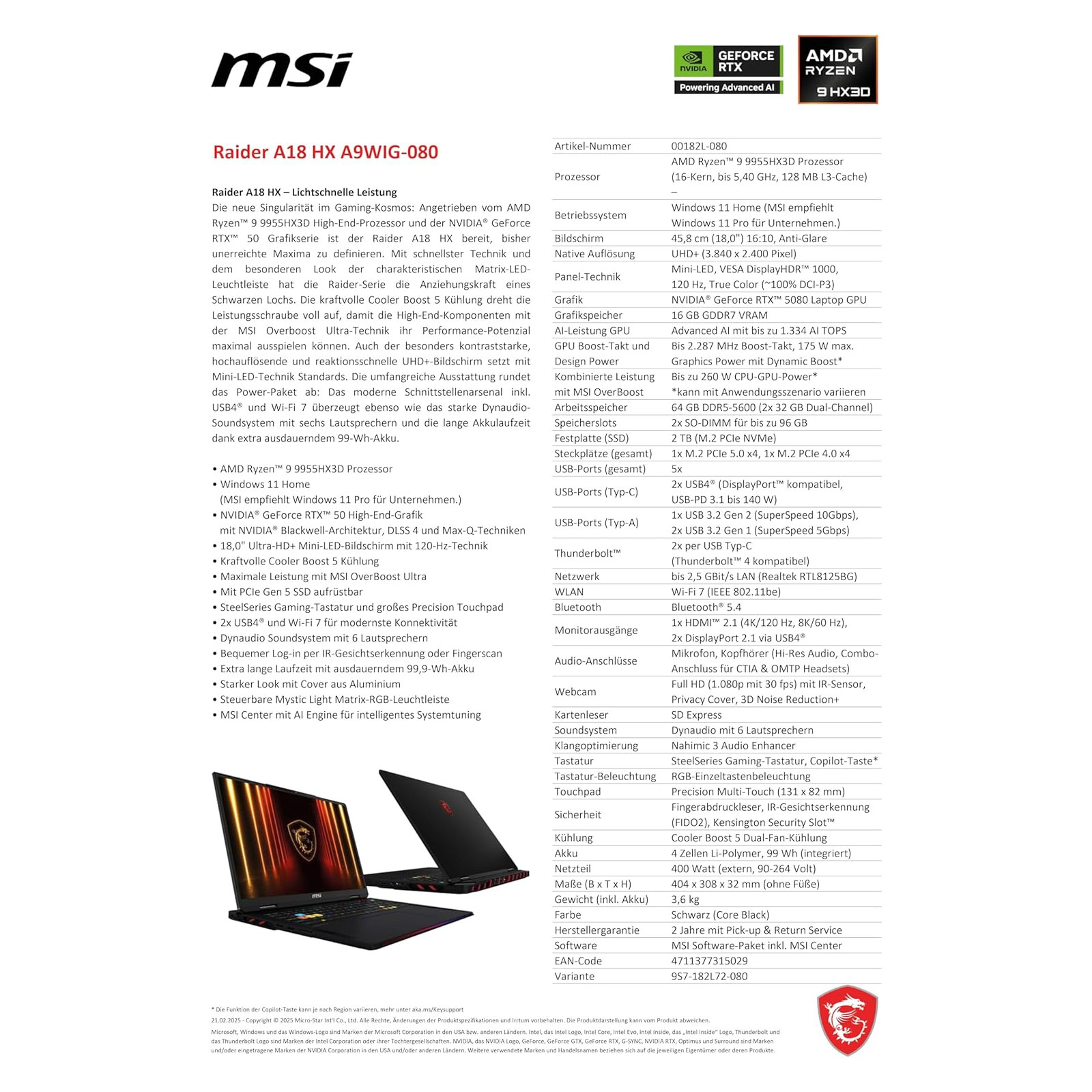 MSI Raider A18 HX A9WIG-080 Gaming-Notebook