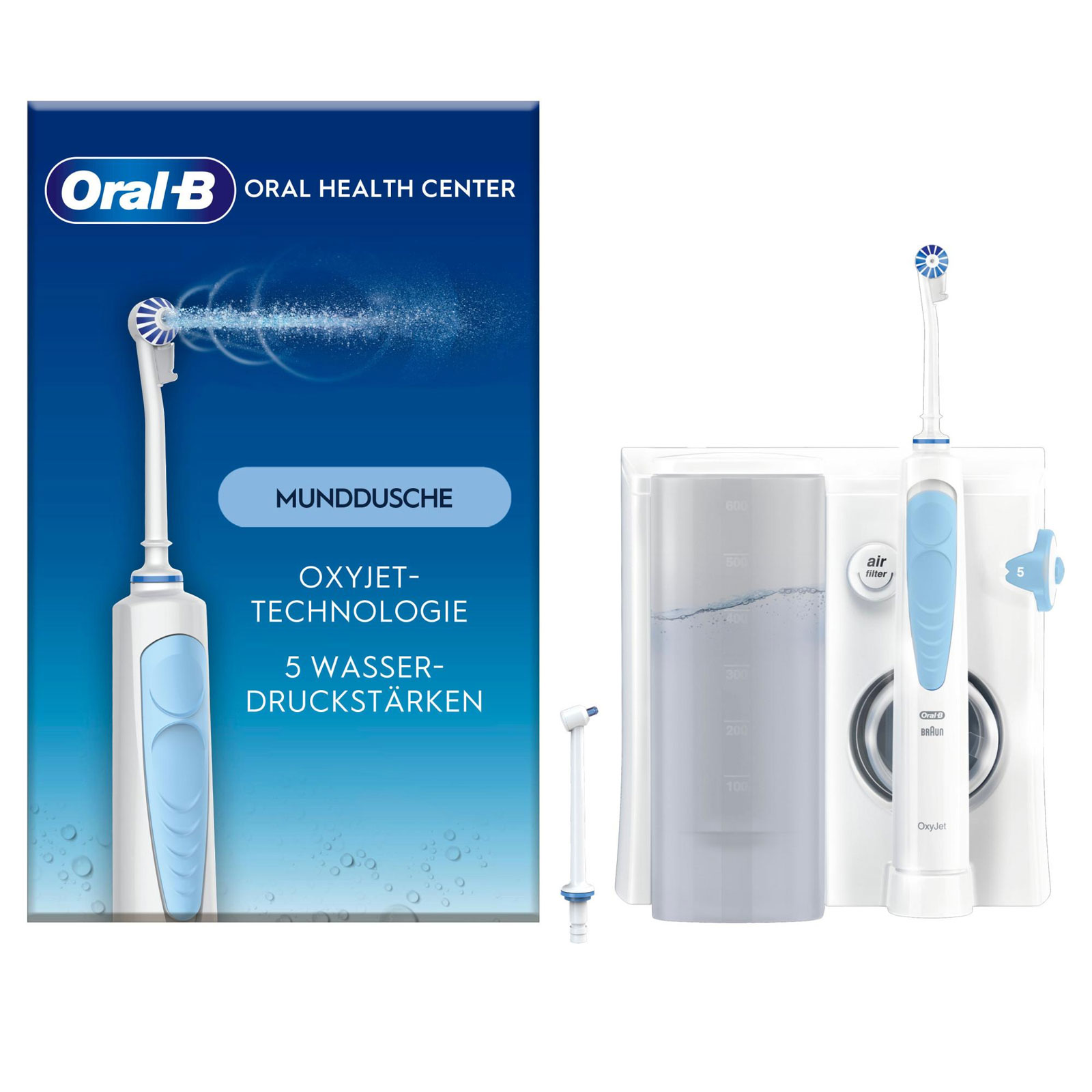 Oral-B Munddusche Oxyjet (Oxyjet-Technologie, 5 Wasserdruck-Stufen, 4 Wasserstrahle, perfekt für Zahnspangen und Implantate