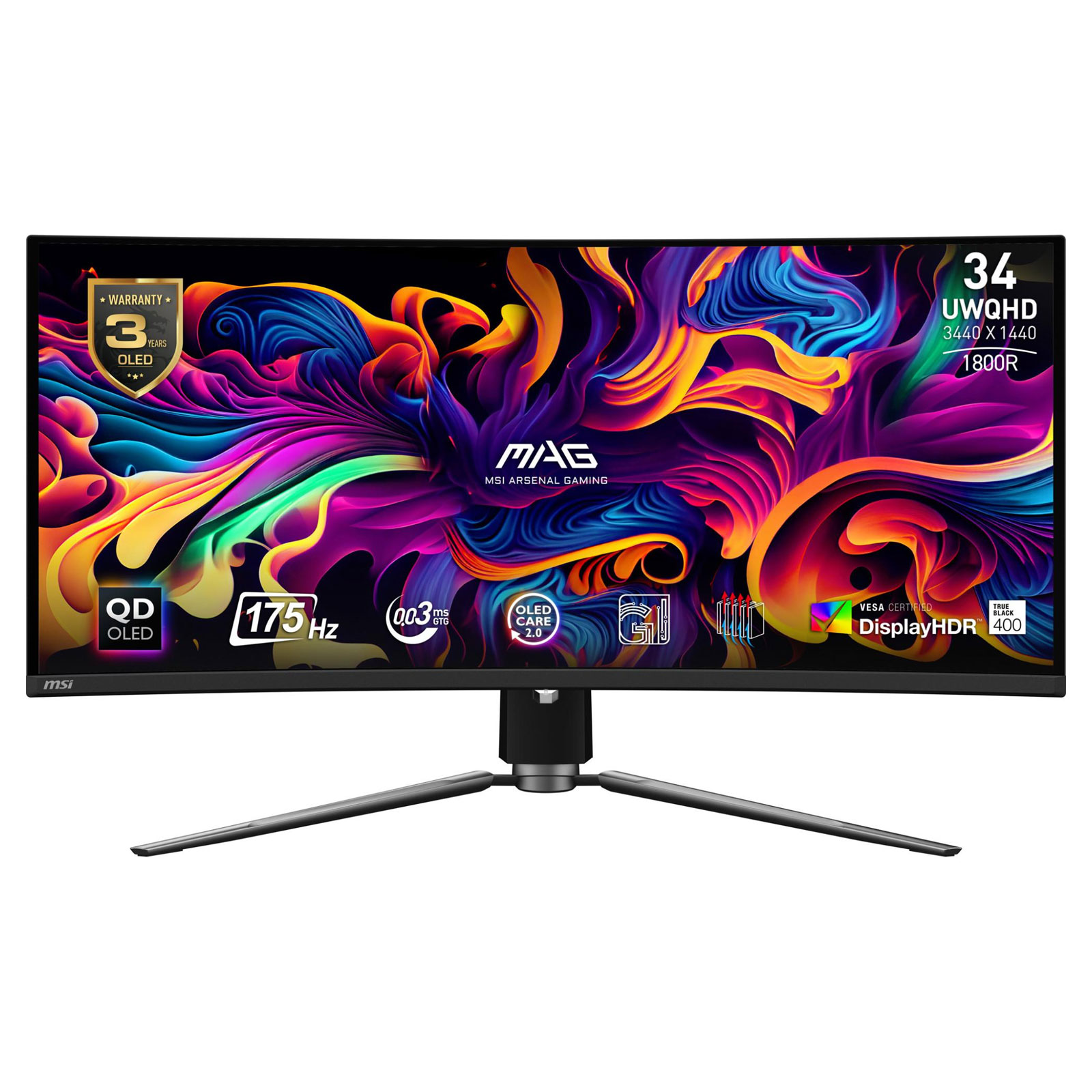 MSI Gaming-Monitor MAG 341CQPDE, Schwarz, 34 Zoll, UWQHD, Curved, OLED, 175 Hz, 0,03 ms (USB-Hub, HDMI, DisplayPort, höhenverstellbar, neigbar, schwenkbar)