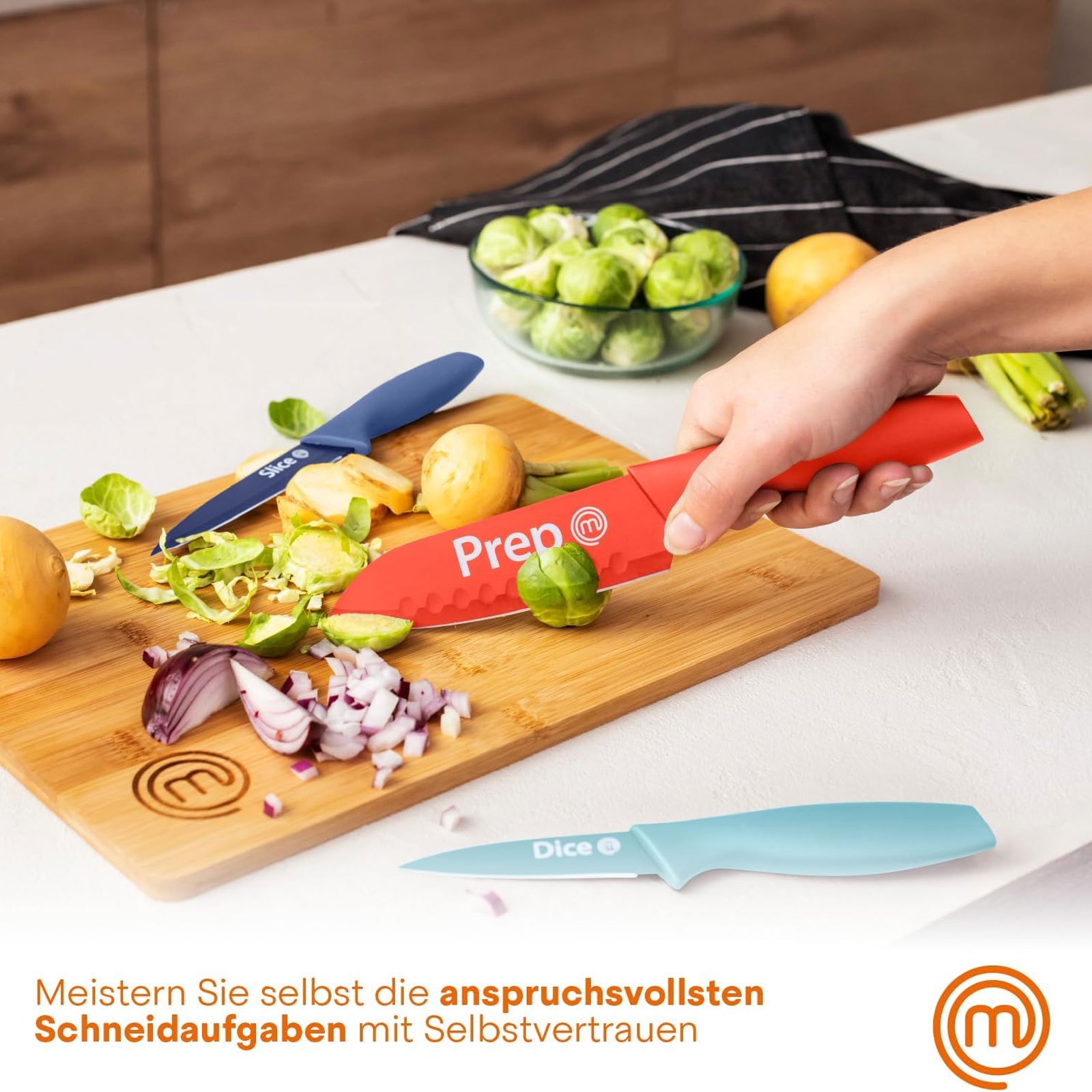 MasterChef FSC Schneidebrett + 3-teiliges Küchenmesser-Set + Küchentextilien-Set 3-teilig