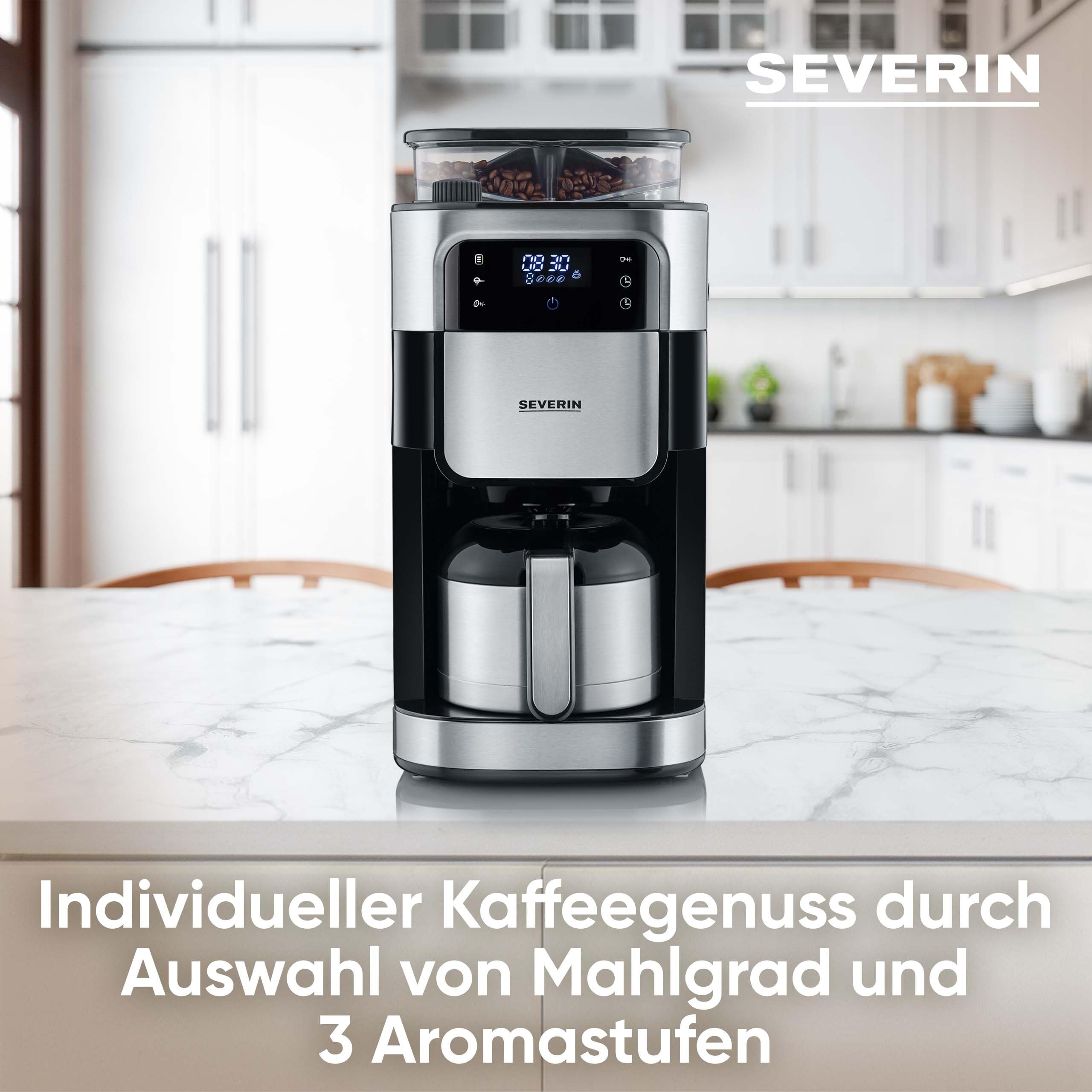 SEVERIN Filterkaffeemaschine mit Edelstahl-Mahlwerk und Thermokanne