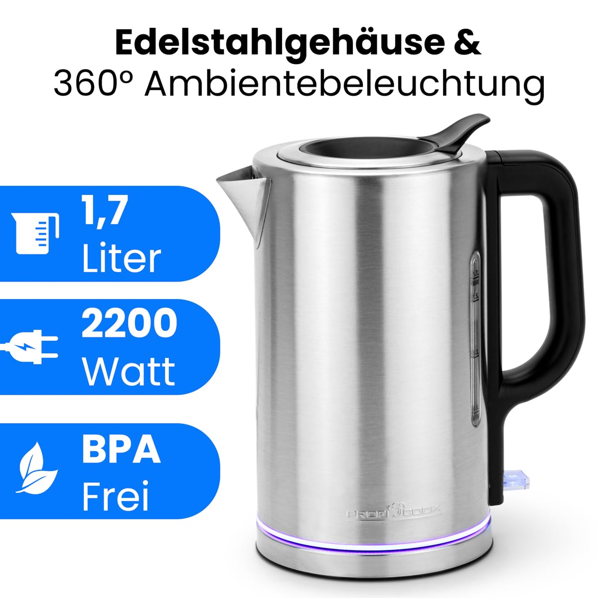 PROFICOOK PC-WKS 1321 Wasserkocher (1,7 Liter, 2200 W, Edelstahl, silber)