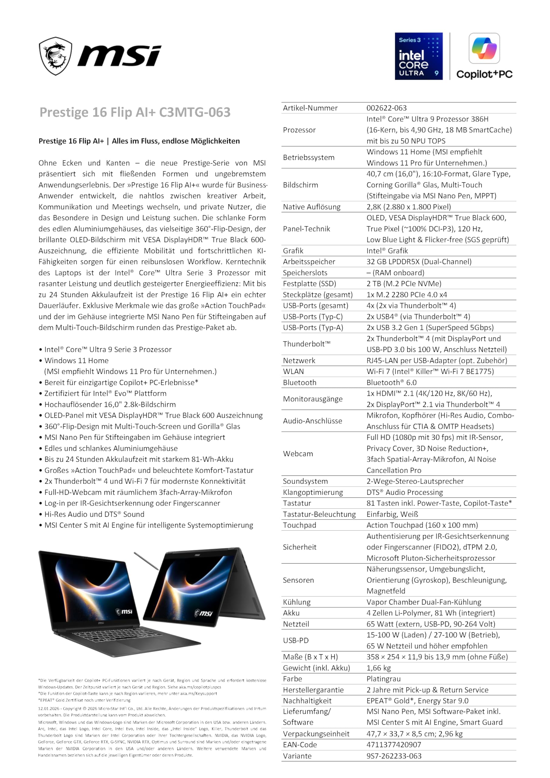 MSI Prestige 16 Flip AI+, 2-in-1-Business Laptop