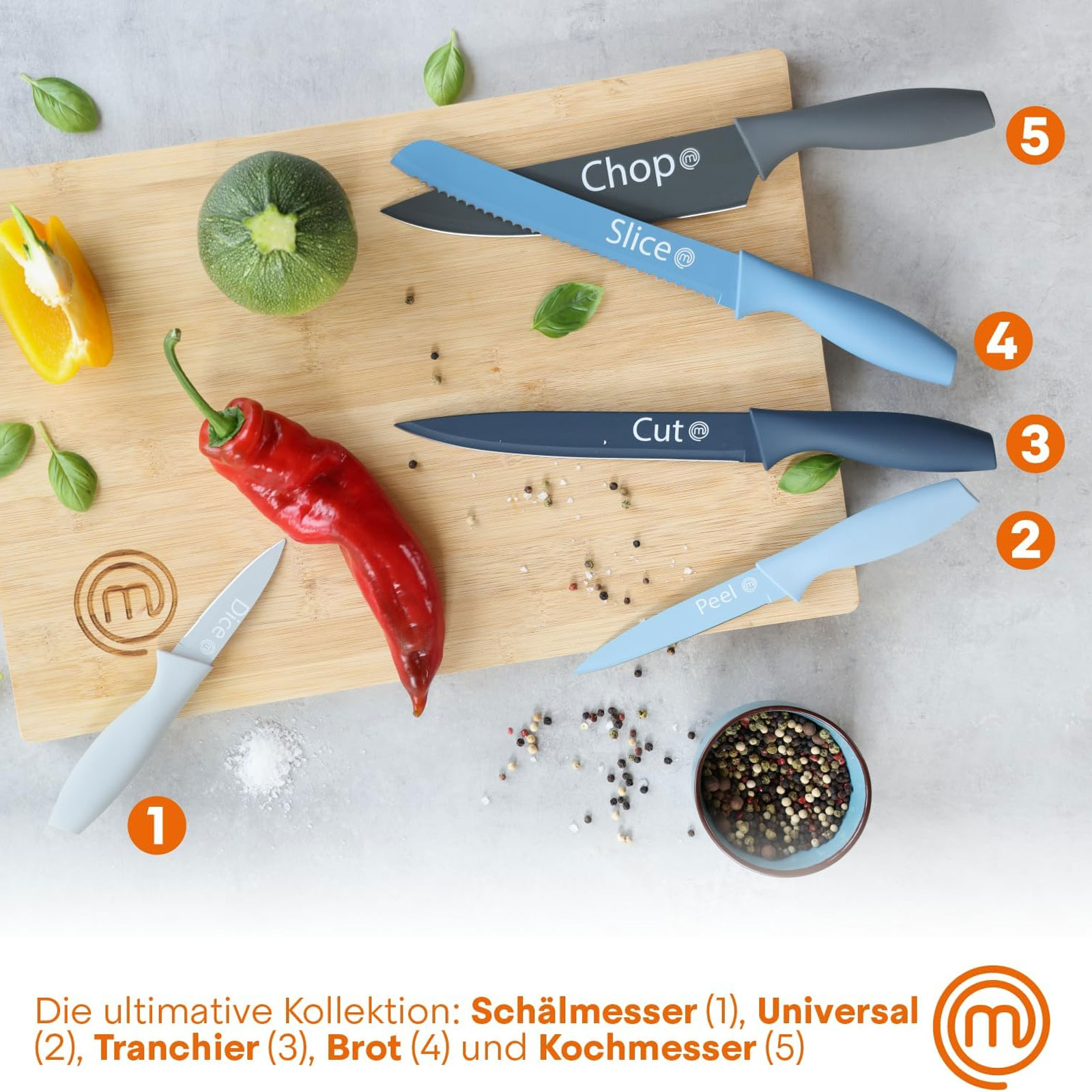 MasterChef Küchentextilien-Set 3-teilig + 5-teiliges Küchenmesser-Set