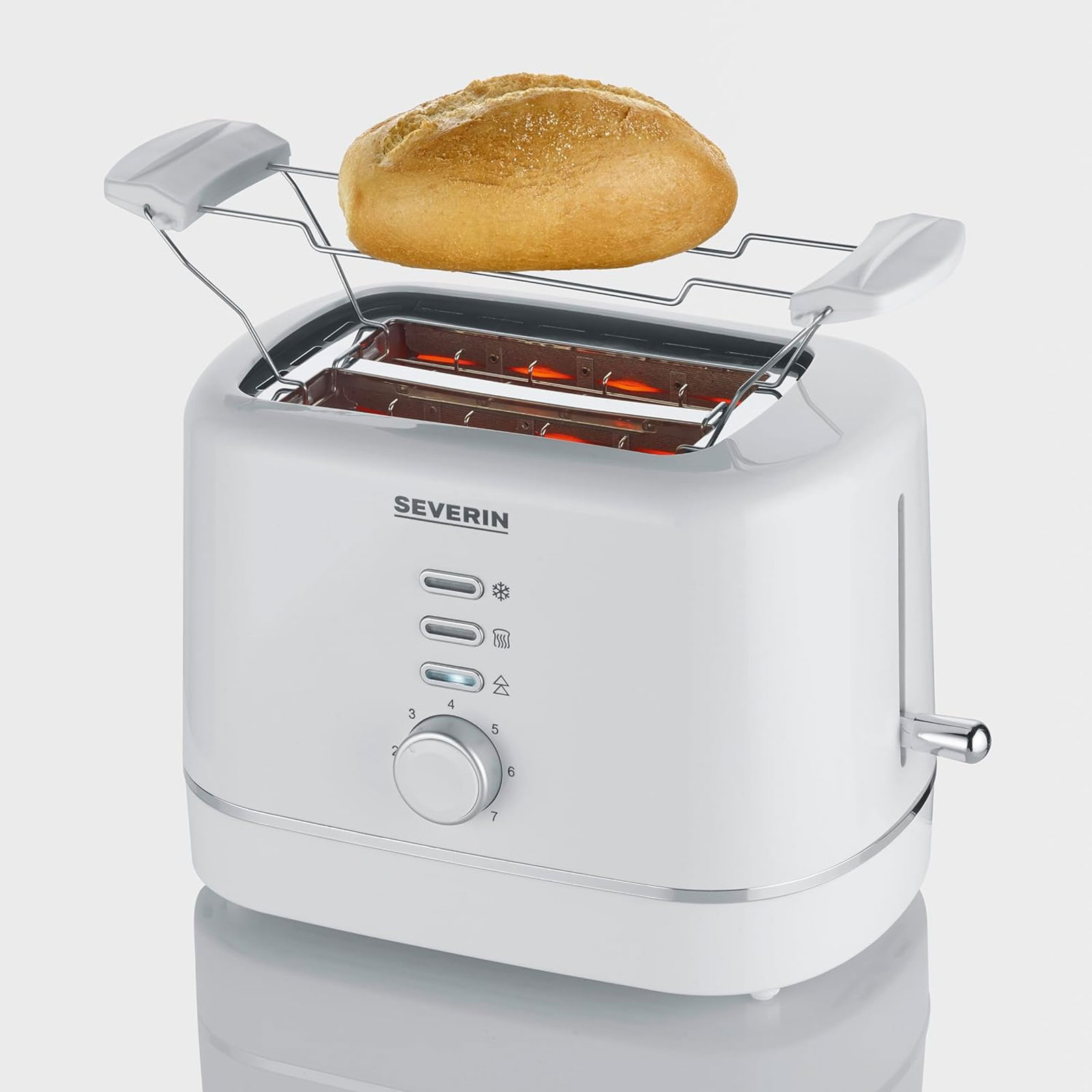 Severin  AT 4324 Toaster (850 W, Kunststoff, weiß, Brötchenaufsatz, Auftaufunktion, Aufwärmfunktion, Krümelschublade)