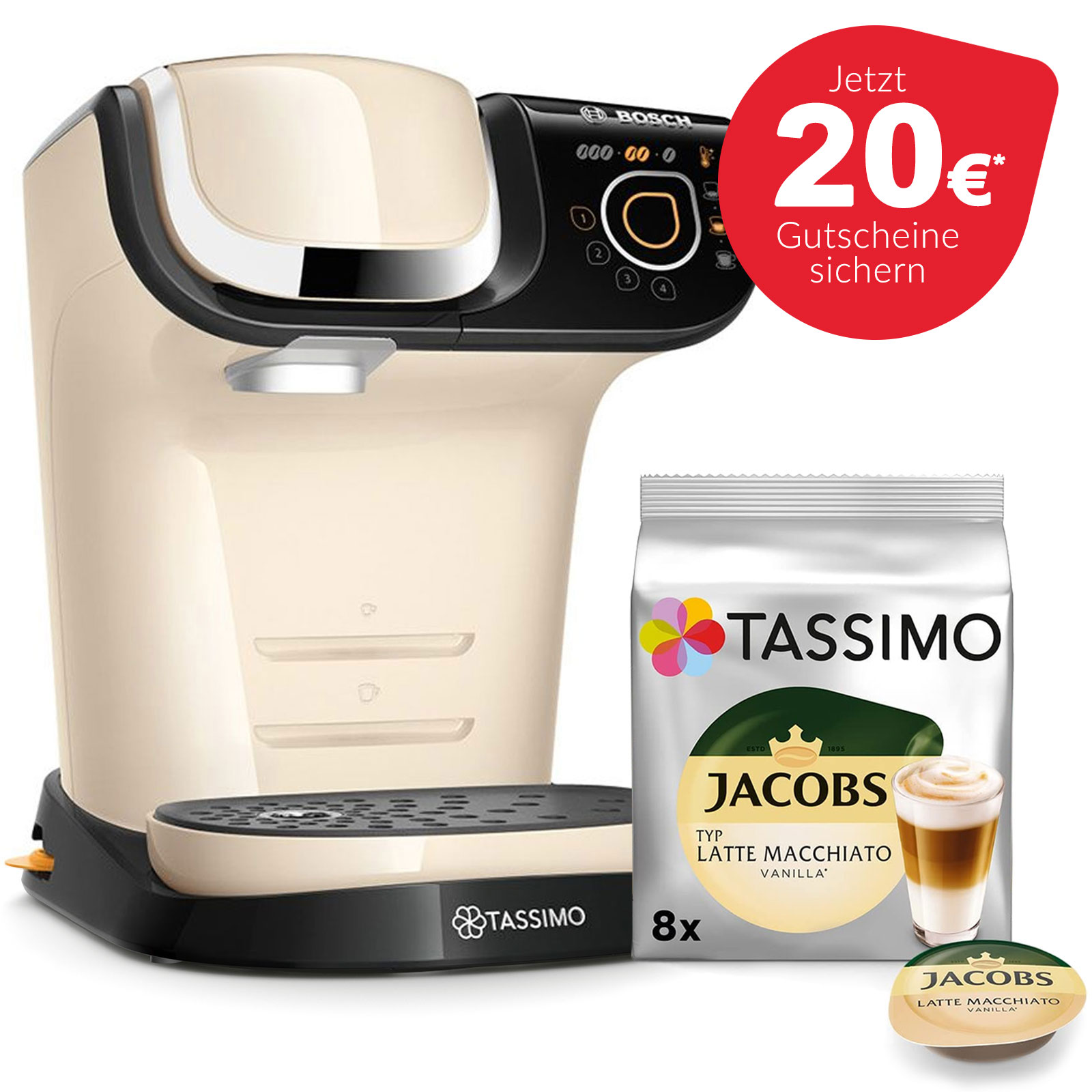 Bosch TAS6502 Tassimo Kapselmaschine + Jacobs Kaffeekapseln Latte Macchiato Vanille