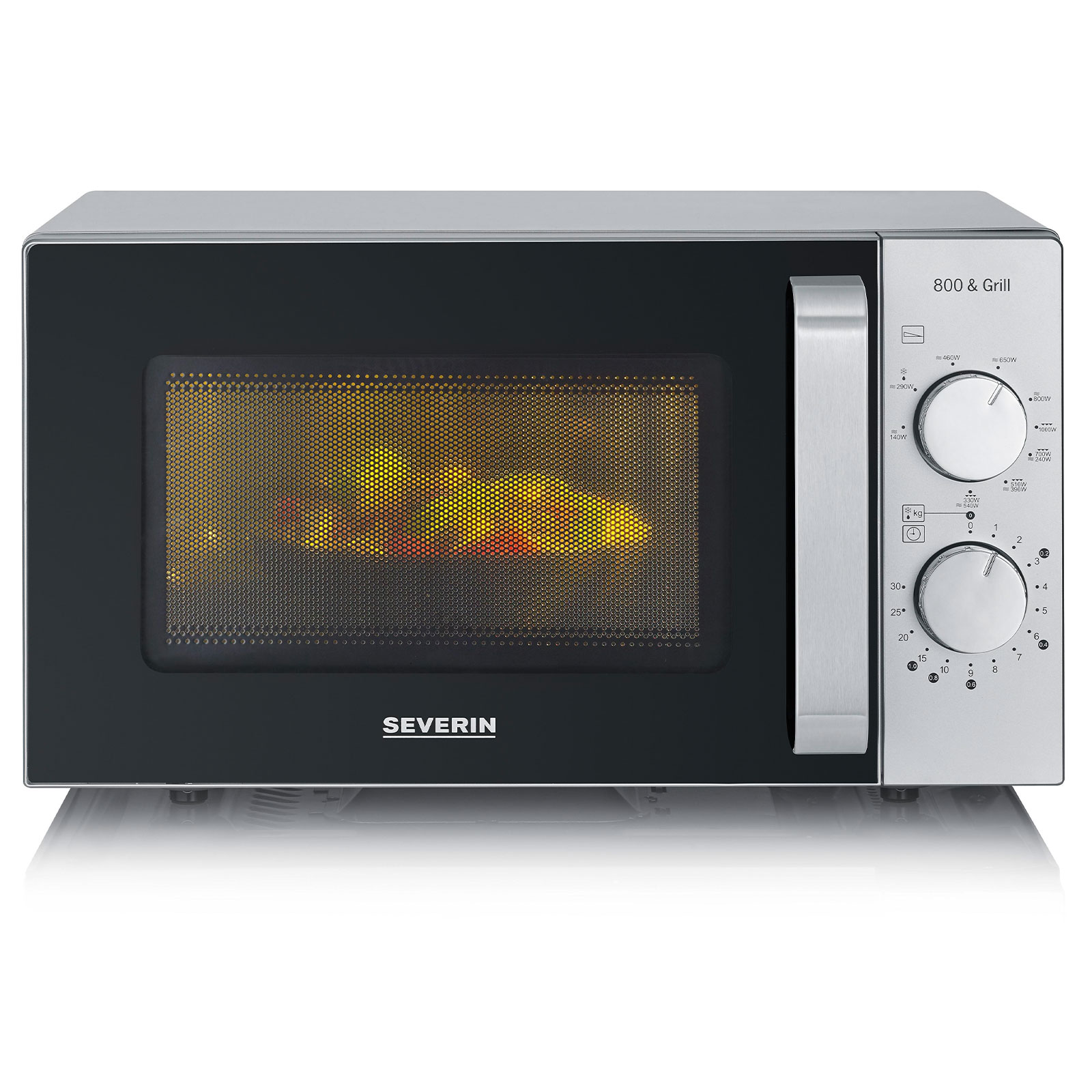 SEVERIN Mikrowelle MW 7576 Flachbett Silber (20 Liter, 800 Watt Mikrowellenleistung, Grill, 9 Leistungsstufen, 9 Programme, Drehknöpfe, Einschubrost, matt schwarz, silber)