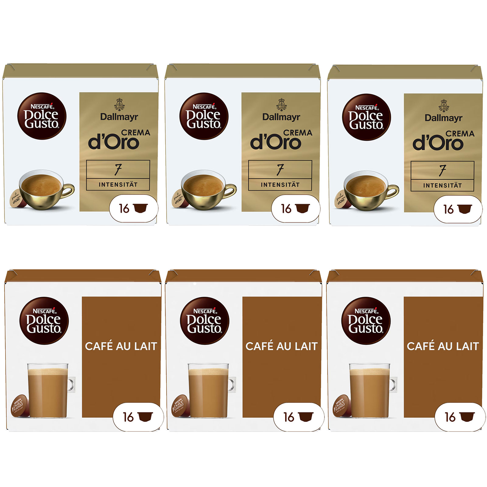 NESCAFÉ DOLCE GUSTO Topseller 6er Pack, Dallmayr Crema d´Oro (3x16 Kapseln) + Café au Lait (3x16 Kapseln)

