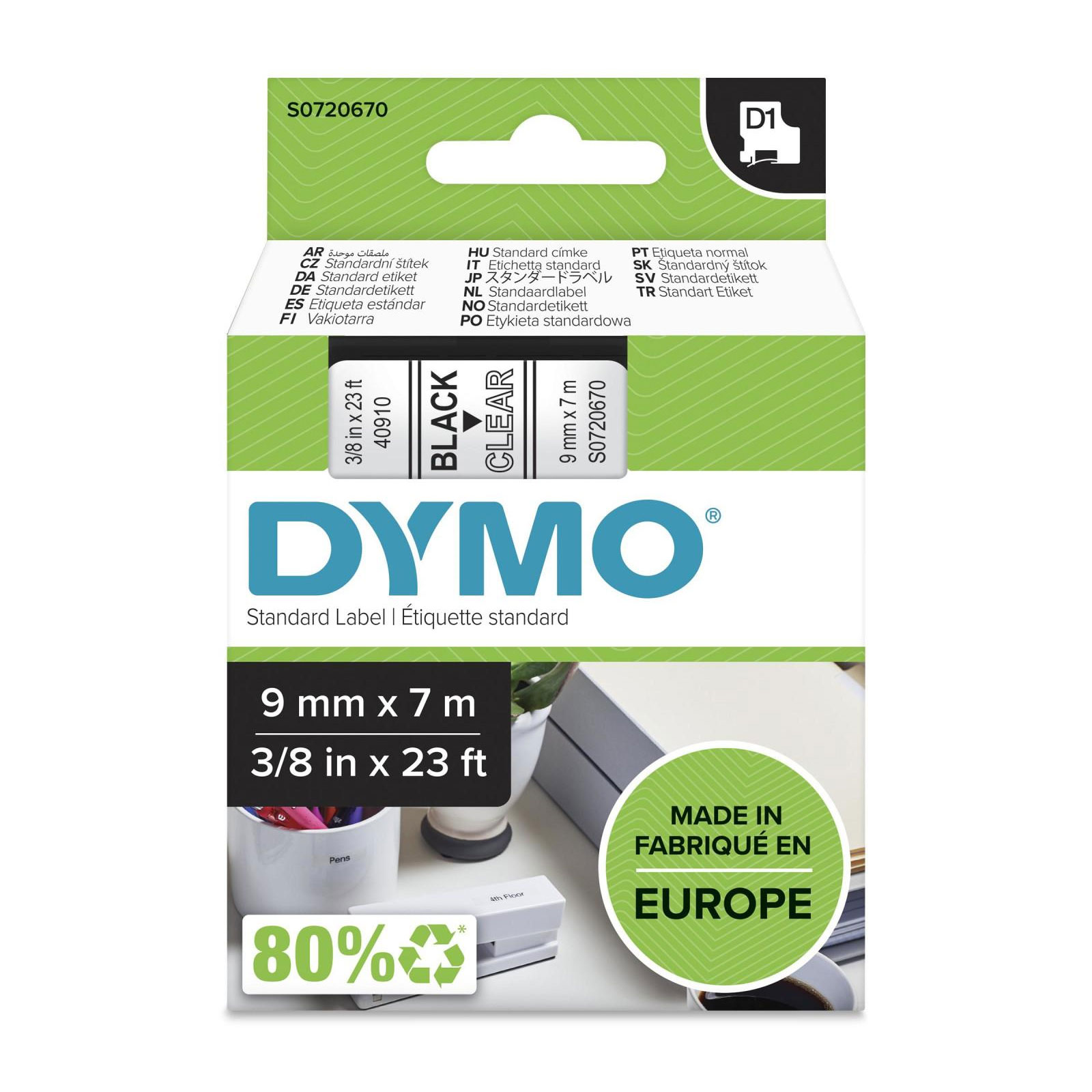 Dymo Original D1-Schriftband für LabelManger, Polyester, 9mm x 7m, schwarz auf tranzparent (S0720670)