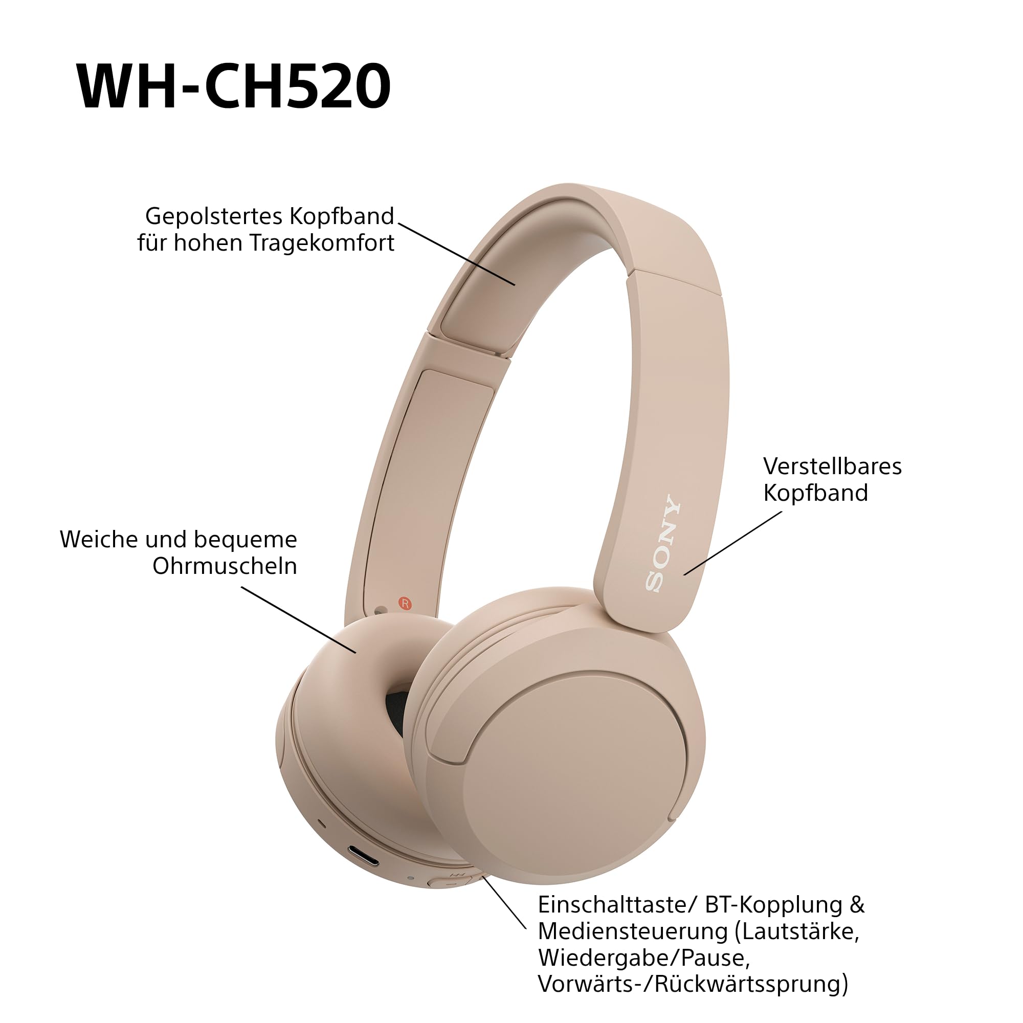 Sony WH-CH520 Kabelloser Bluetooth On-Ear-Kopfhörer