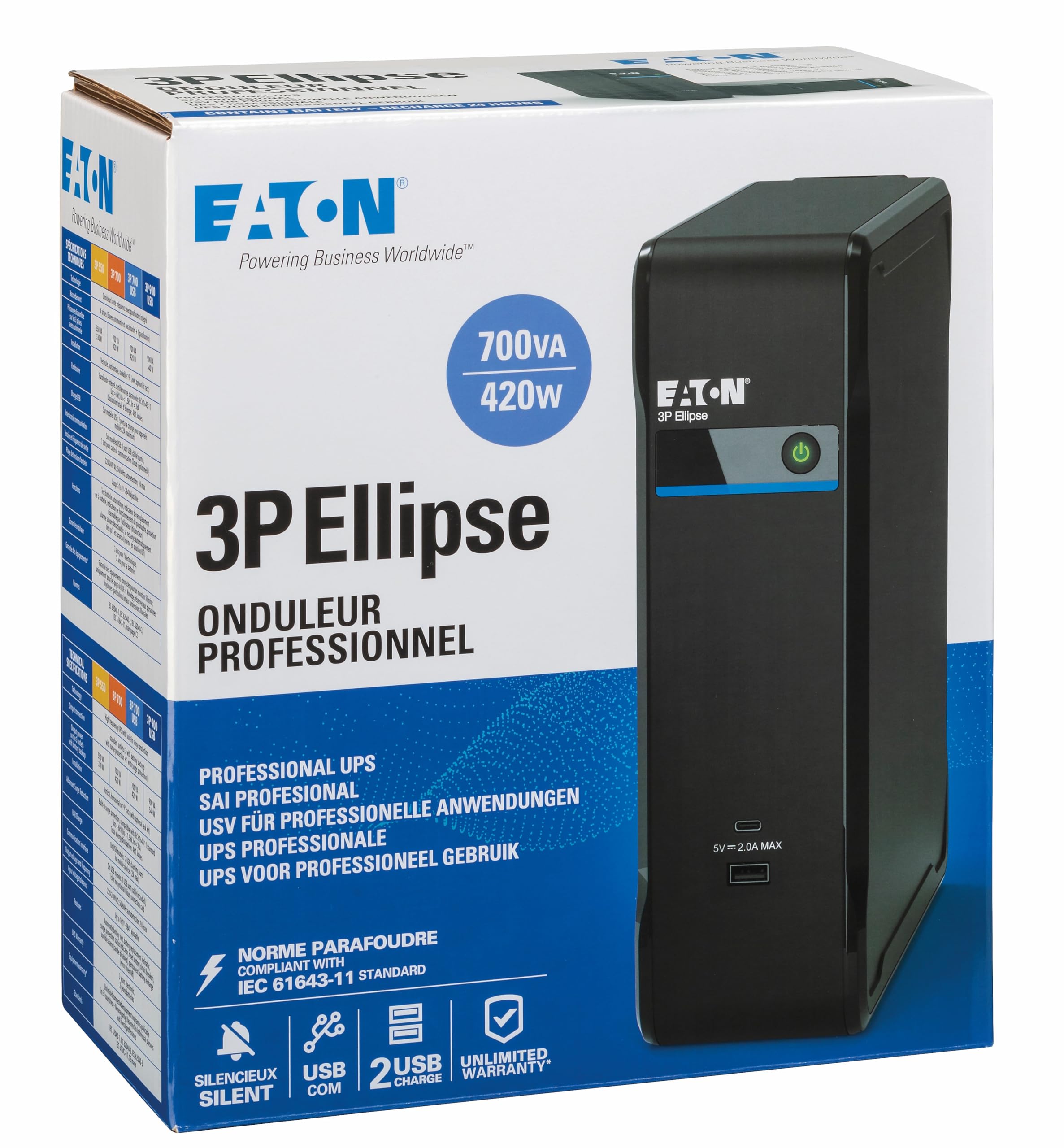 Eaton Ellipse 3P 700UD USV – Off-Line – 700VA/420W – DIN-Stecker