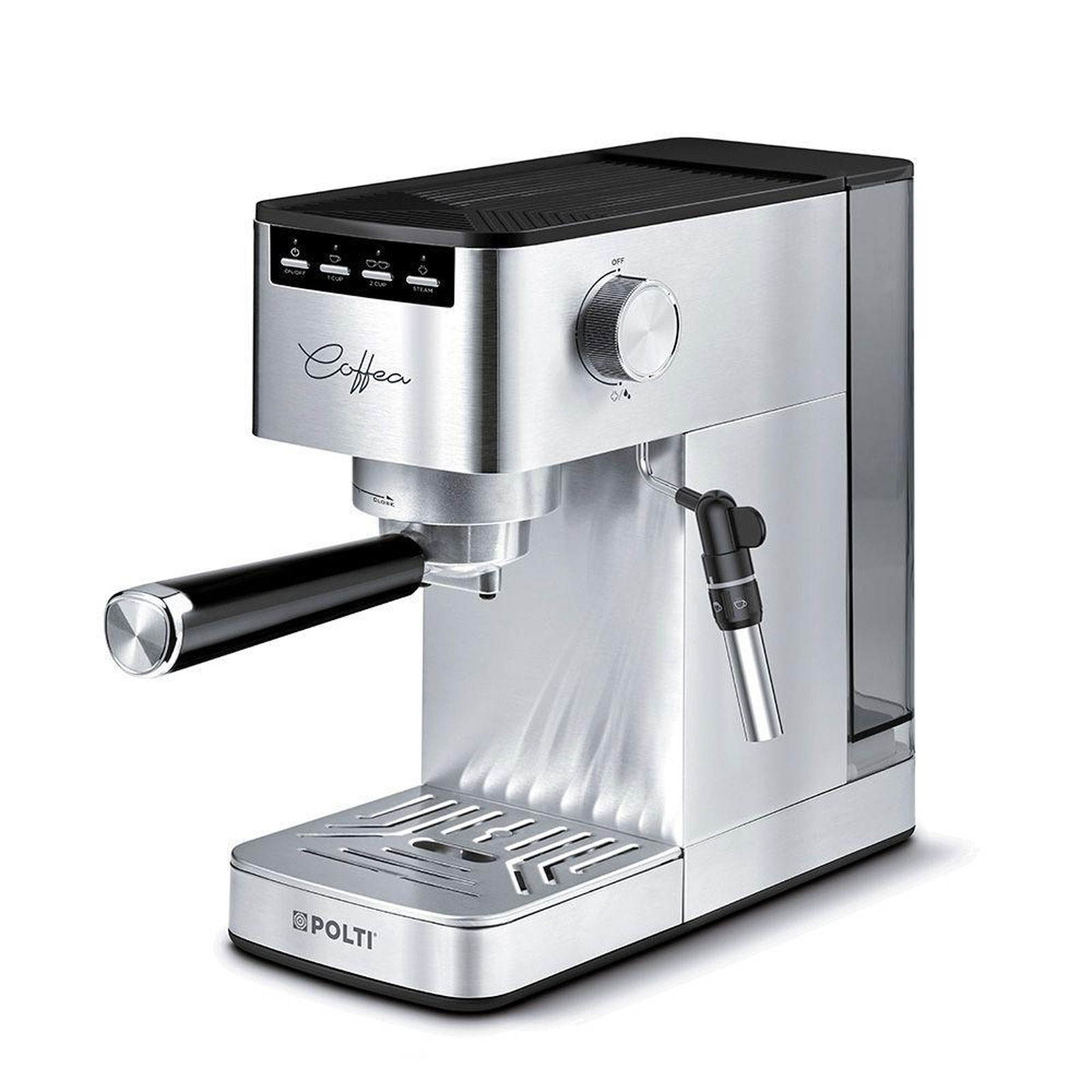 Polti Coffea P10S Siebträger-Espressomaschine (15 bar, 1,3 Liter, Milchschaumdüse, Edelstahlgehäuse, gemahlener Kaffee &; E.S.E.-Pads)