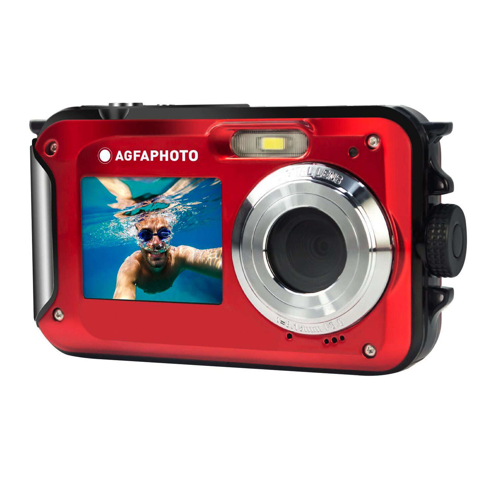 AGFAPhoto Kompaktkamera WP8000 rot Kit mit Schwimmgriff und zweitem Akku (Wasserdicht bis zu 3m, 24 MP, Full HD)