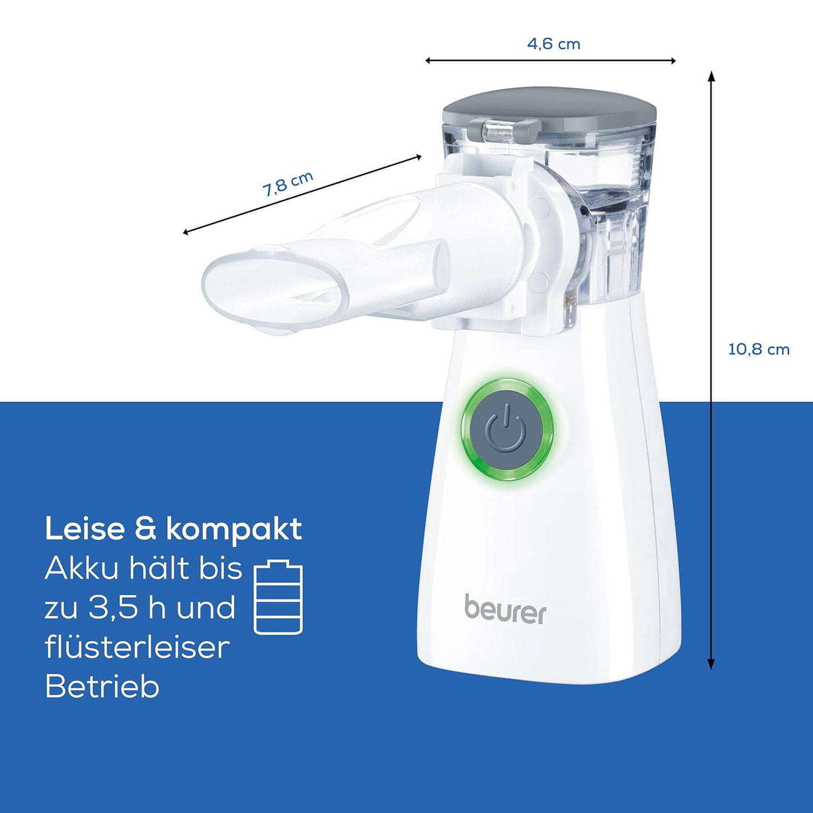 BEURER Inhaliergerät IH 57 (Schwingmembran-Technologie, intelligente Aerosol-Technologie, Akku-Betrieb, zur Behandlung der oberen und unteren Atemwege, ideal für Kinder, Anwendung bei Erkältung, Asthma, Atemwegserkrankungen, Mesh-Vernebler 