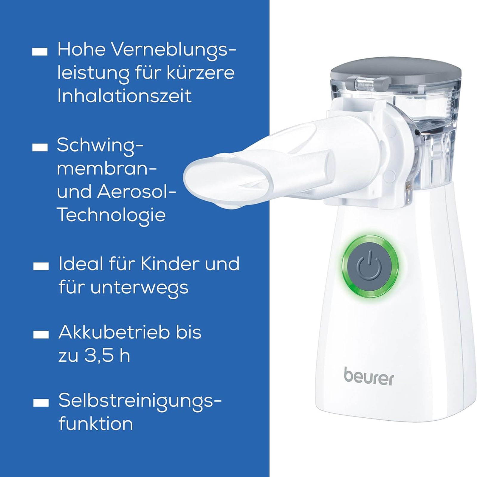 BEURER Inhaliergerät IH 57 (Schwingmembran-Technologie, intelligente Aerosol-Technologie, Akku-Betrieb, zur Behandlung der oberen und unteren Atemwege, ideal für Kinder, Anwendung bei Erkältung, Asthma, Atemwegserkrankungen, Mesh-Vernebler 