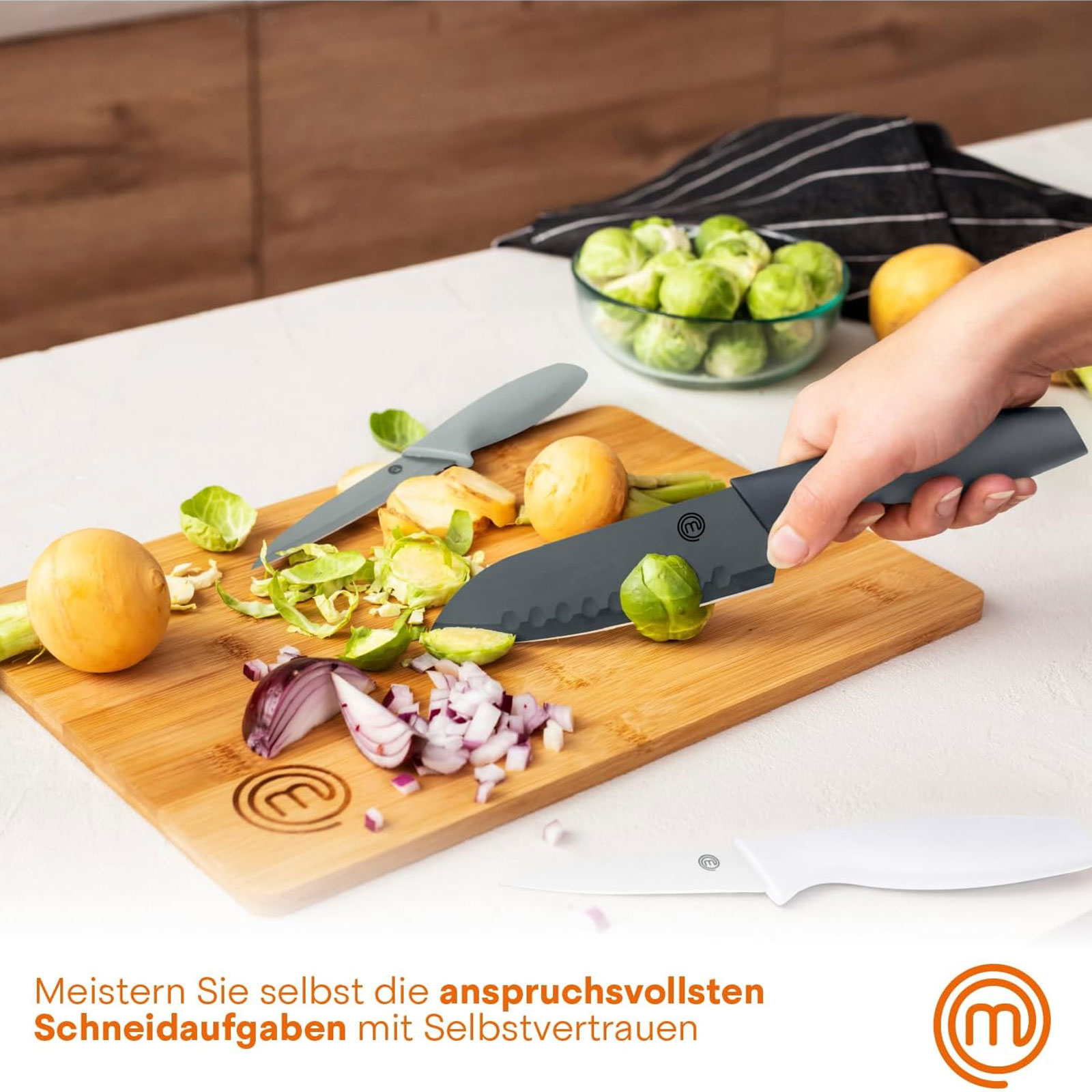 MasterChef Küchentextilien-Set 3-teilig + 3-teiliges Küchenmesser-Set