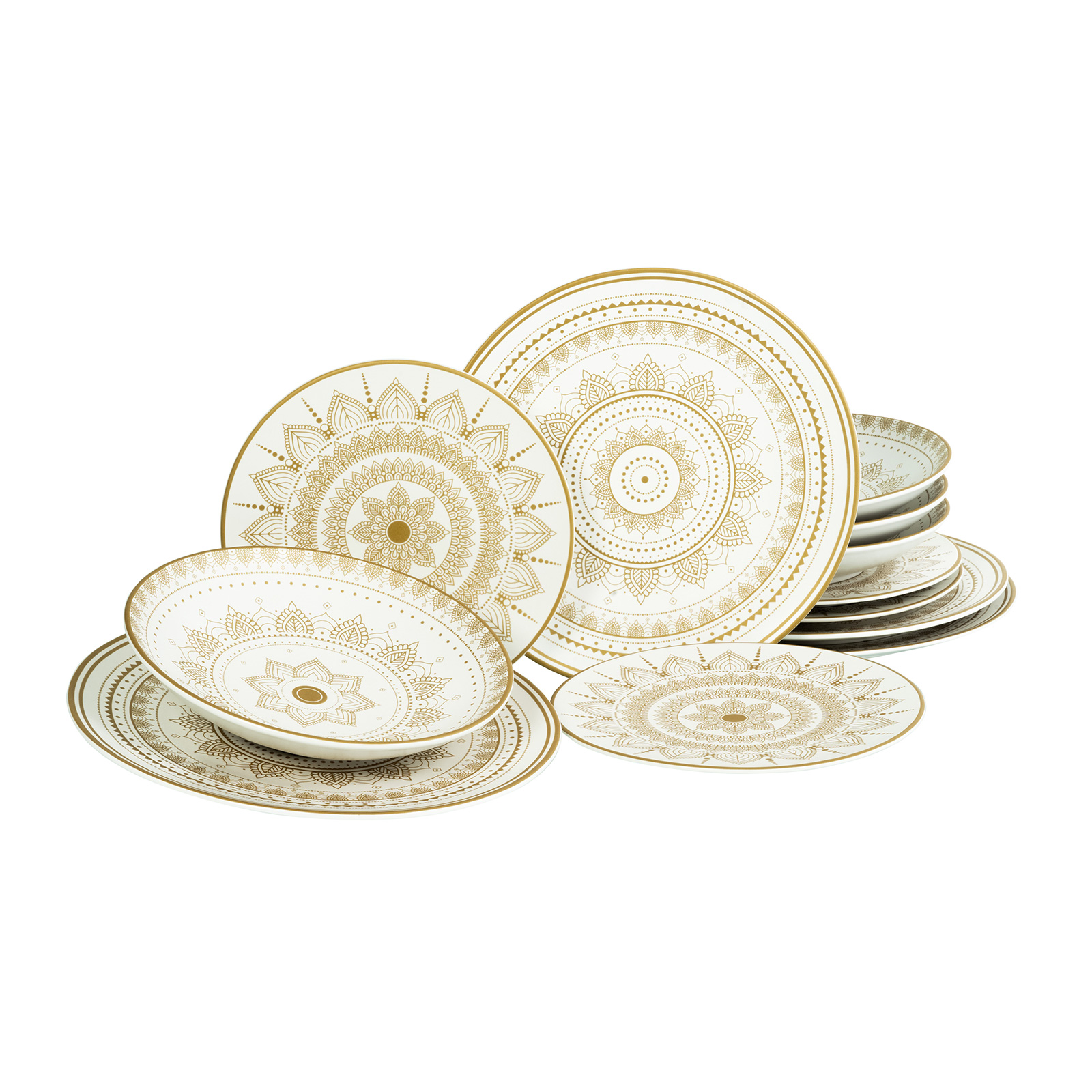 Creatable 23607, Serie MANDALA GOLD - weiss, Geschirrset, Teller Set 12 teilig