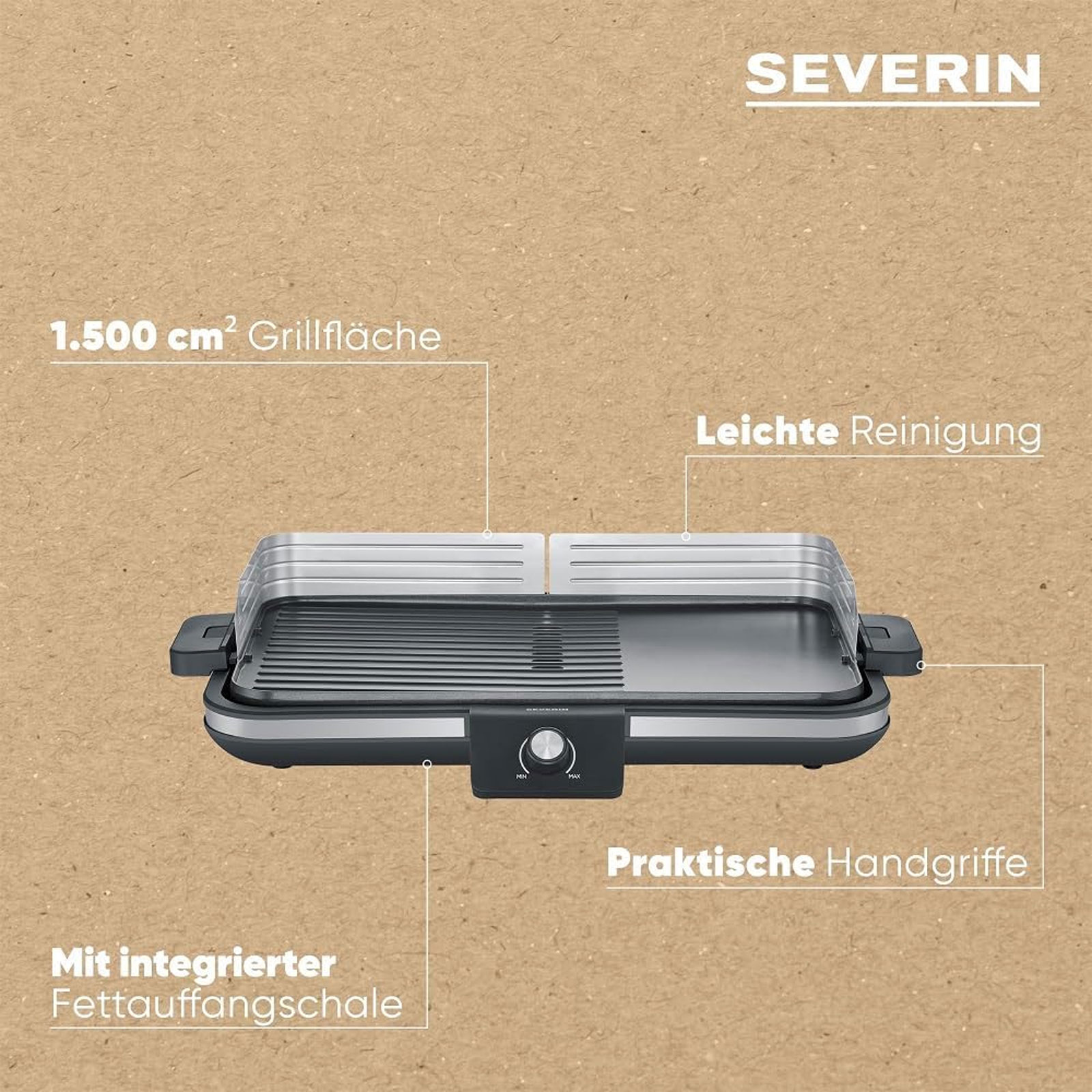 SEVERIN PG 8564 Plancha Tischgrill (2300 Watt, Kunststoff / Edelstahl / Aluminium, stufenlose Regulierung, Grillfläche: 1500cm², antihaftbeschichtet, Windschutz)