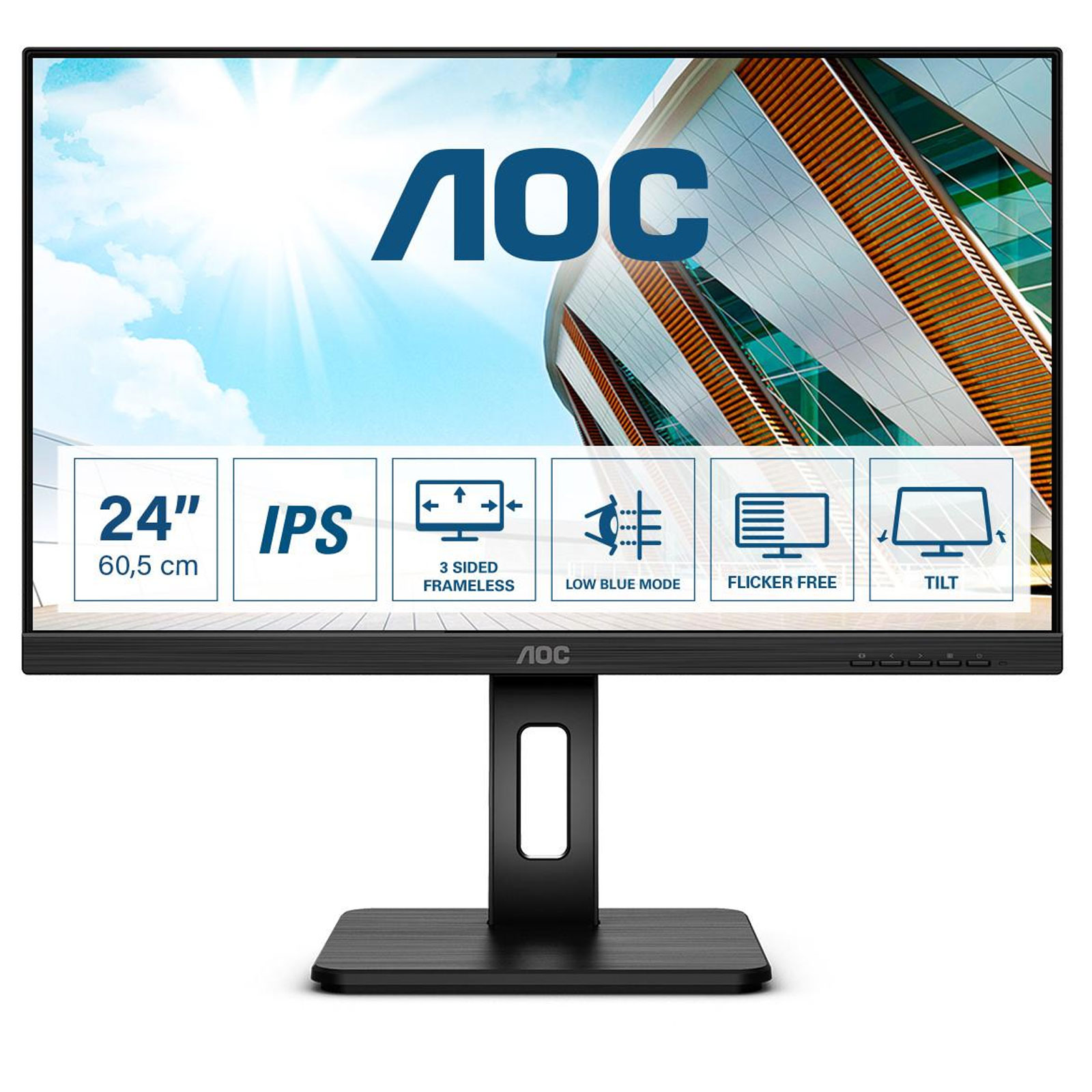 AOC Monitor P2 24P2Q, Schwarz, 23,8 Zoll, Full HD, IPS, 75 Hz, 4 ms (USB, HDMI, DisplayPort, VGA, DVI, höhenverstellbar, neigbar, schwenkbar, Pivot, AdaptiveSync)