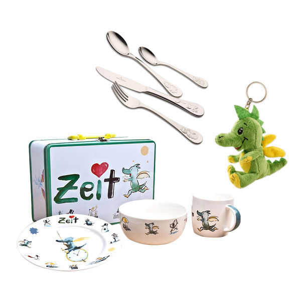 Villeroy & Boch Piemont Kinderbesteck 4tlg. + Tabaluga Koffer inkl. 3tlg. Kindergeschirrset  und  Tabaluga Plüsch Schlüsselanhänger