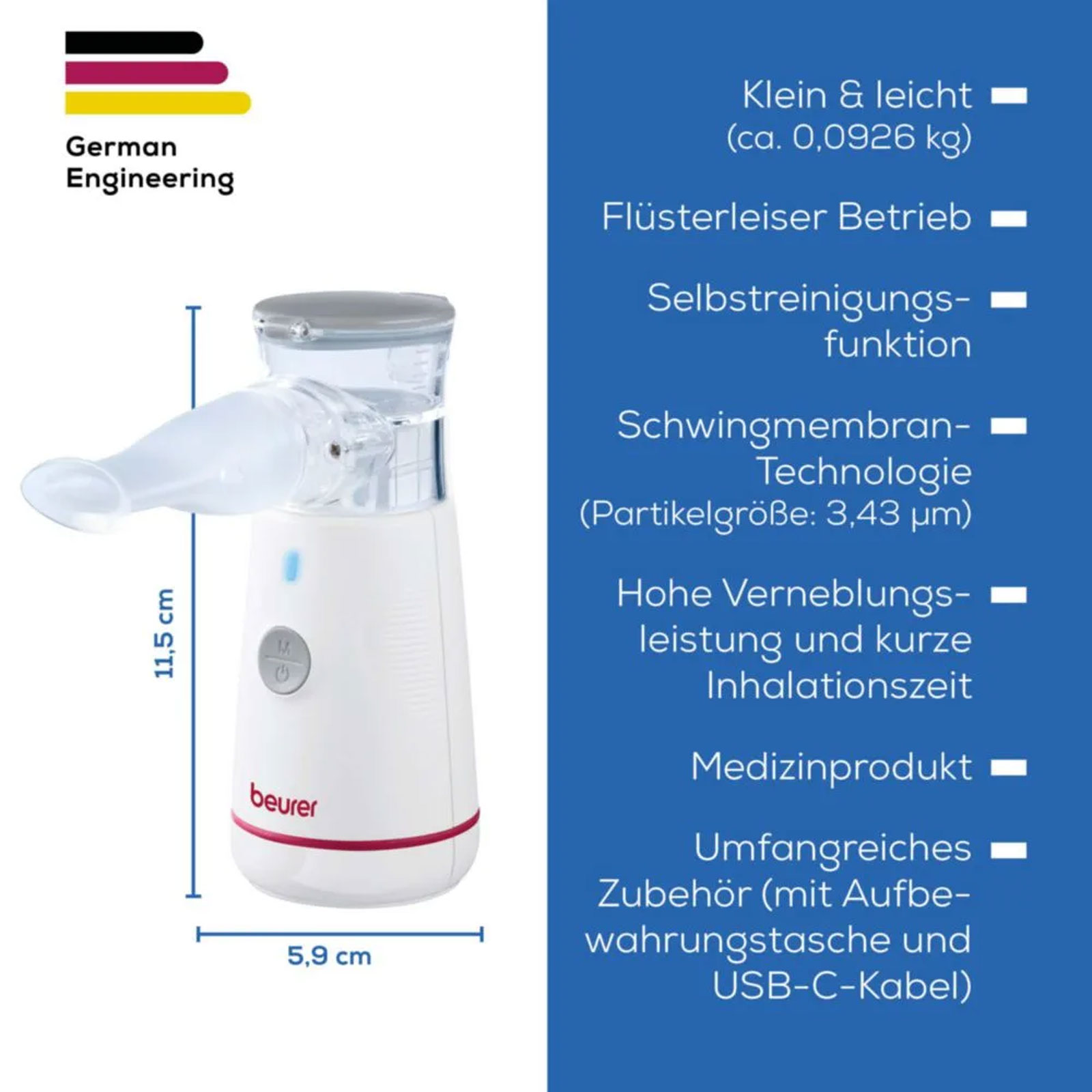 BEURER IH 47 Inhaliergerät (Zur Behandlung der oberen und unteren Atemwege, schnelle und effektive Inhalation, Partikelgröße (MMAD): 3,43 µm, hohe Verneblungsleistung, Mesh-Vernebler mit Medikamenten-Behälter, Mundstück, Erwachsenenmaske, K