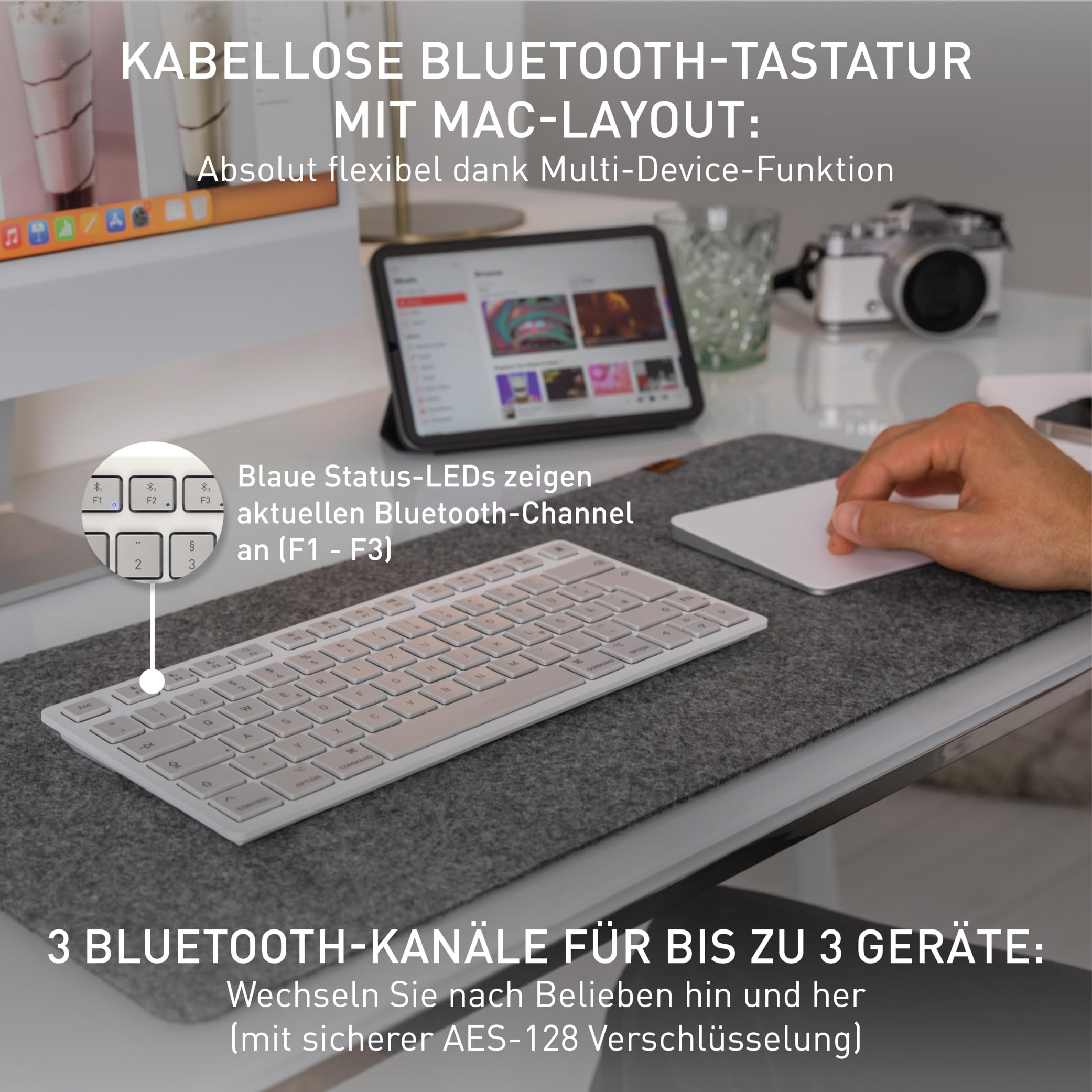 CHERRY KW 7100 Mini BT for MAC, Kompakte Mac-Tastatur mit 3 Bluetooth-Kanälen