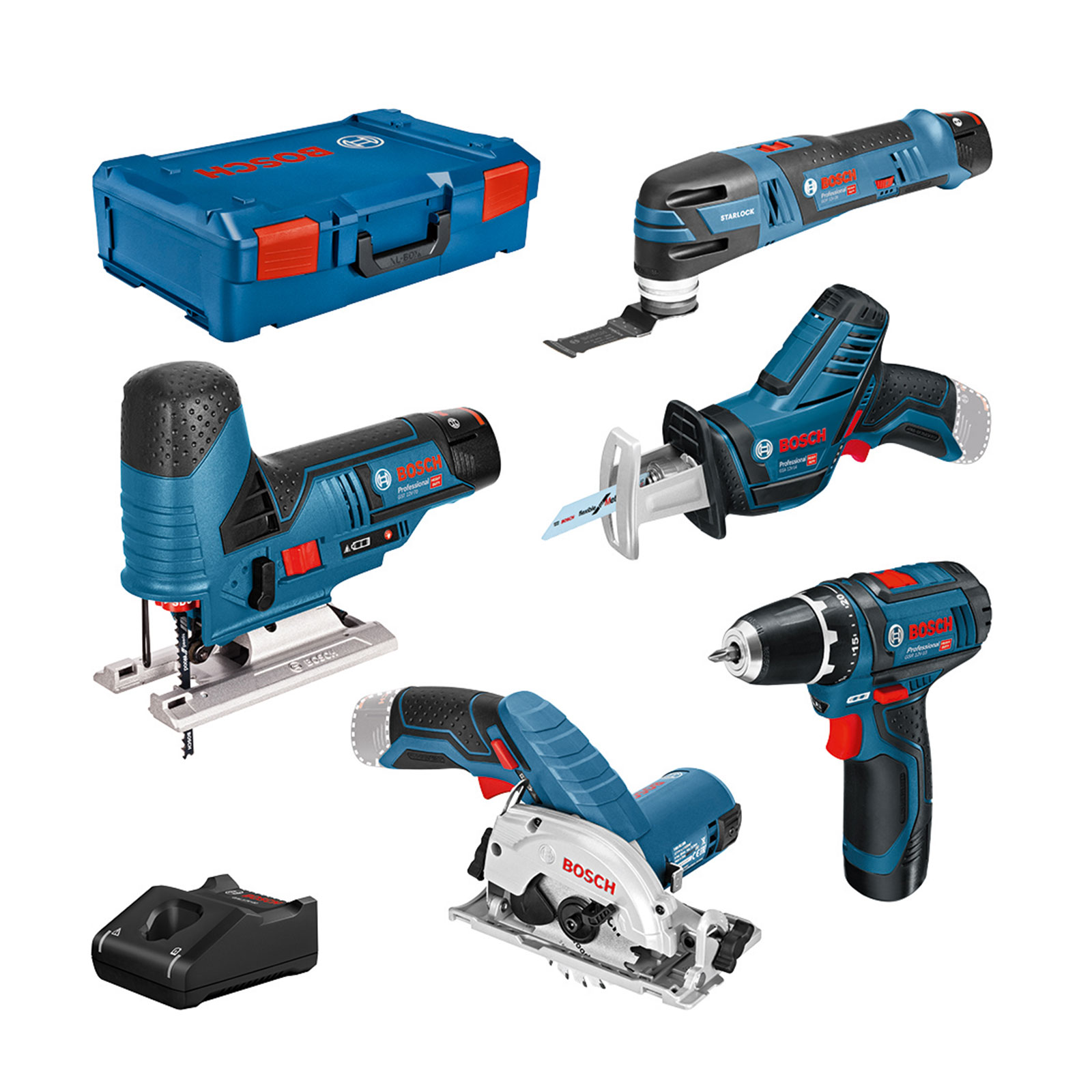 Bosch Professional 5er-Werkzeug-Set 12V: GSR + GST + GOP + GKS + GSA + 3 x GBA 3.0Ah + GAL + XL-BOXX