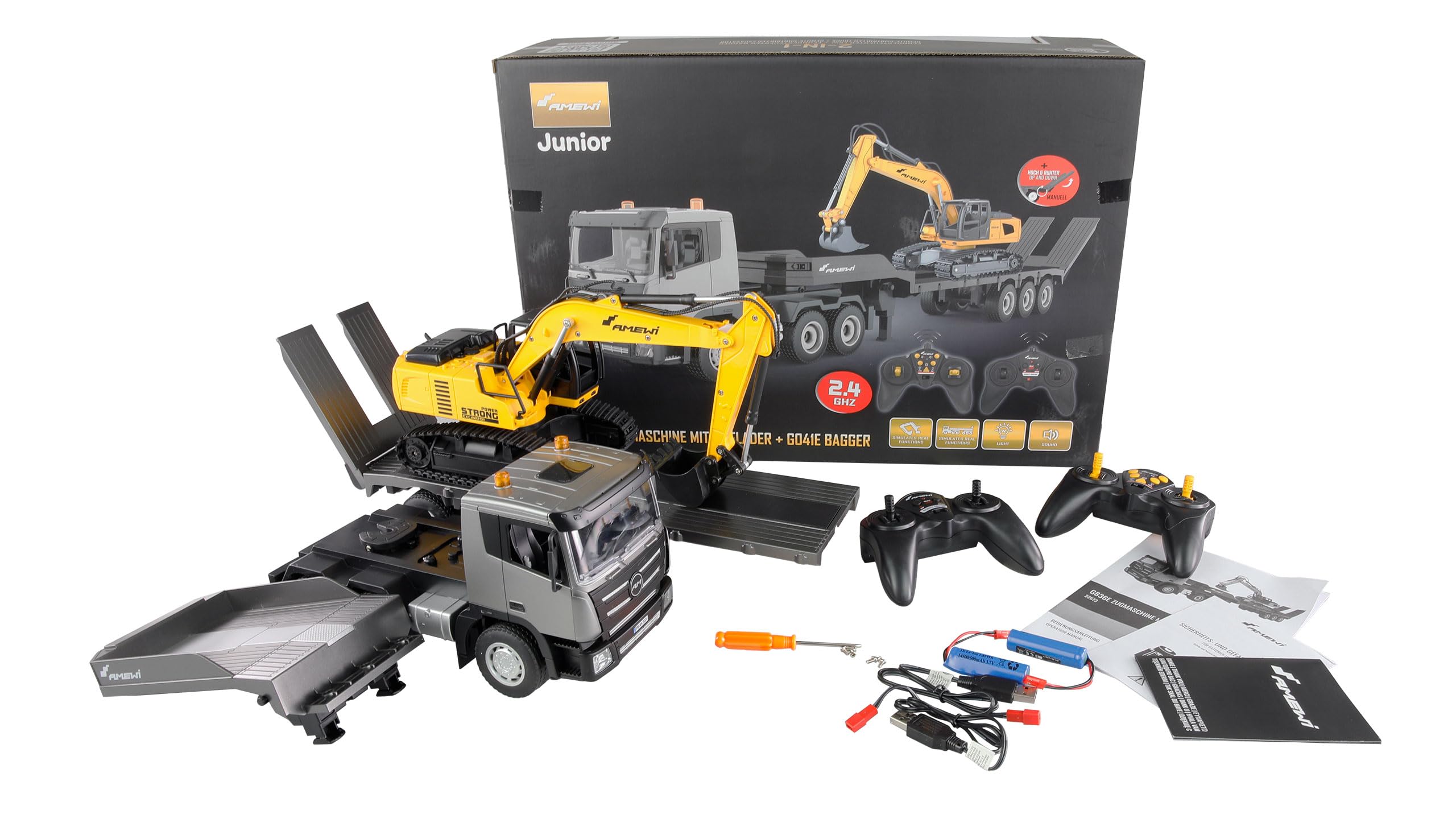 Amewi 2-in-1 Set LKW mit Tieflader und Bagger 1:24 RTR