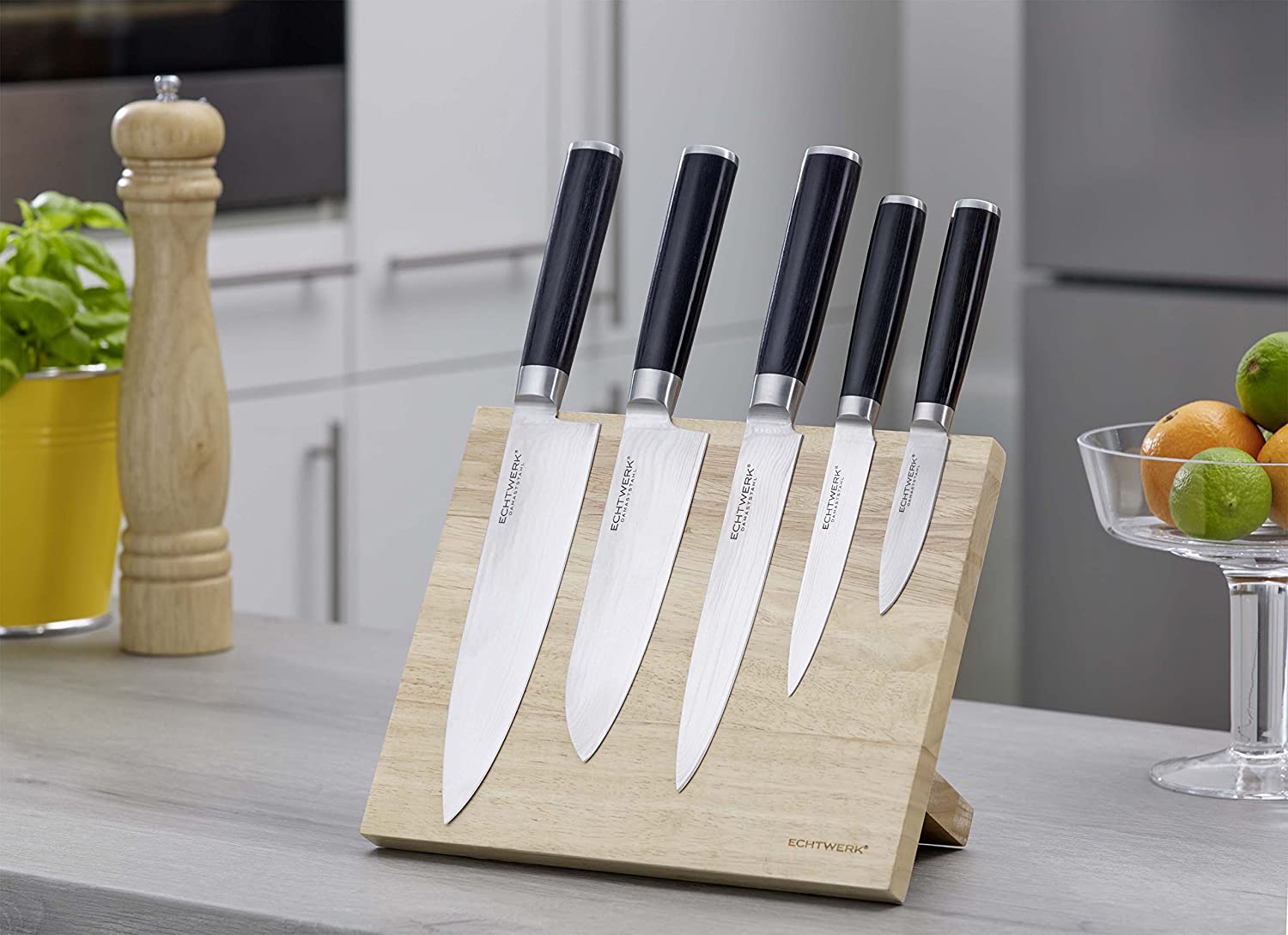 Echtwerk Damastmesser Set 6tlg. Inkl. Magnet‐Messerblock aus Holz