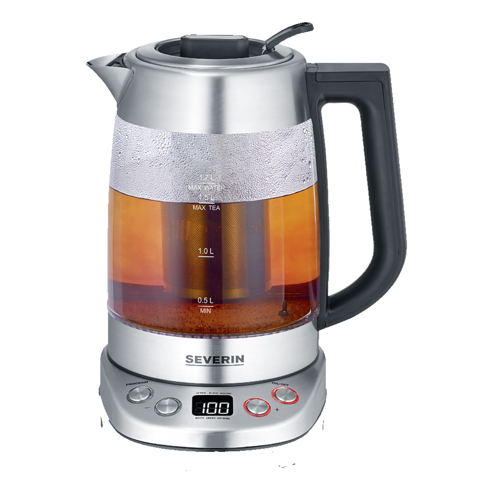 SEVERIN WK 3480 Glas Tee- und Wasserkocher (1,7 Liter Wasser, 1,5 Liter Tee, 3000 W, Edelstahl, Transparent, Temperatureinstellung, Warmhaltefunktion, 5 Teeprogramme)