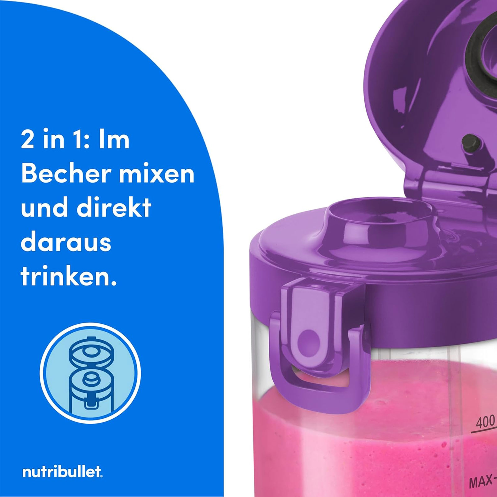 nutribullet NBP003PU Portable Samtlila Standmixer (Akkubetrieb, 0,475 Liter Tritan™ Mixbecher, To Go Deckelaufsatz, 6-Punkt-Edelstahlklinge, Smoothiefunktion, Pulsfunktion, Kunststoff/Edelstahl, Samtlila)